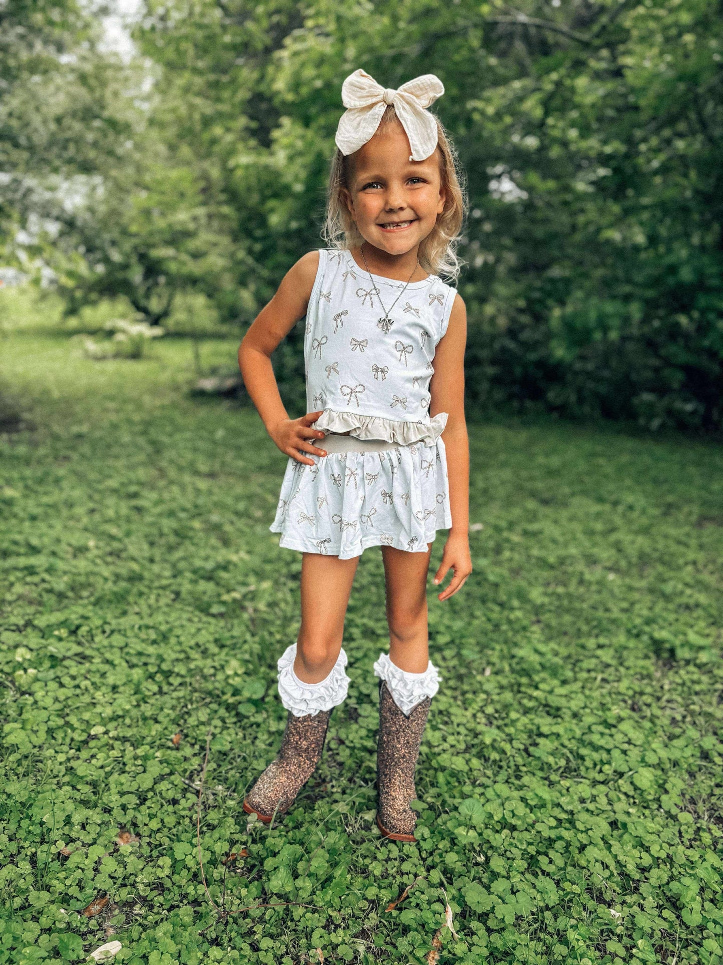 Sad Biege Bow Skirted Romper set