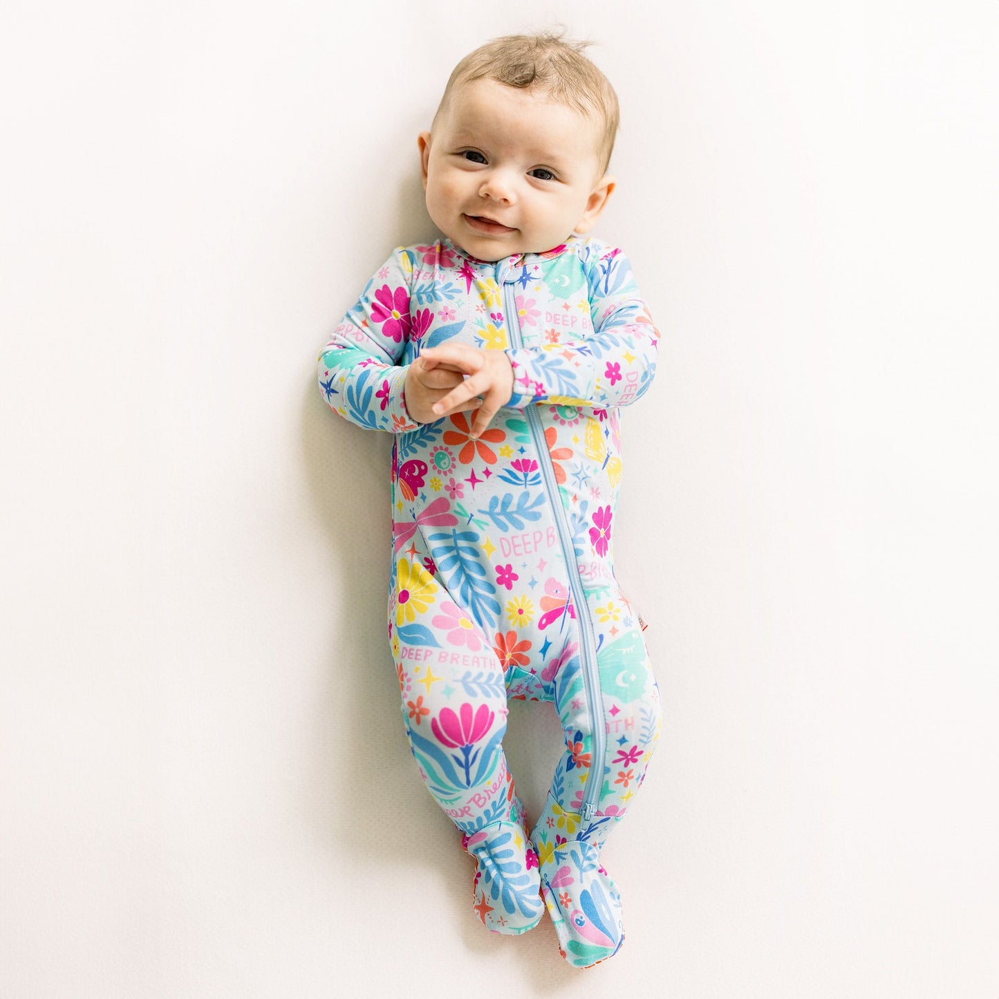 Om Baby | Bamboo Footie Onesie Sleeper | "Deep Breath" | Thermo-Regulating, Double Zipper, 4-Way Stretch