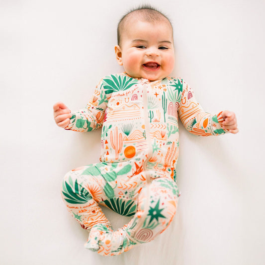 Desert Cactus Vibes | Bamboo Footie Onesie Sleeper | "Mama, I Wished for You" | Thermo-Regulating, Double Zipper, 4-Way Stretch