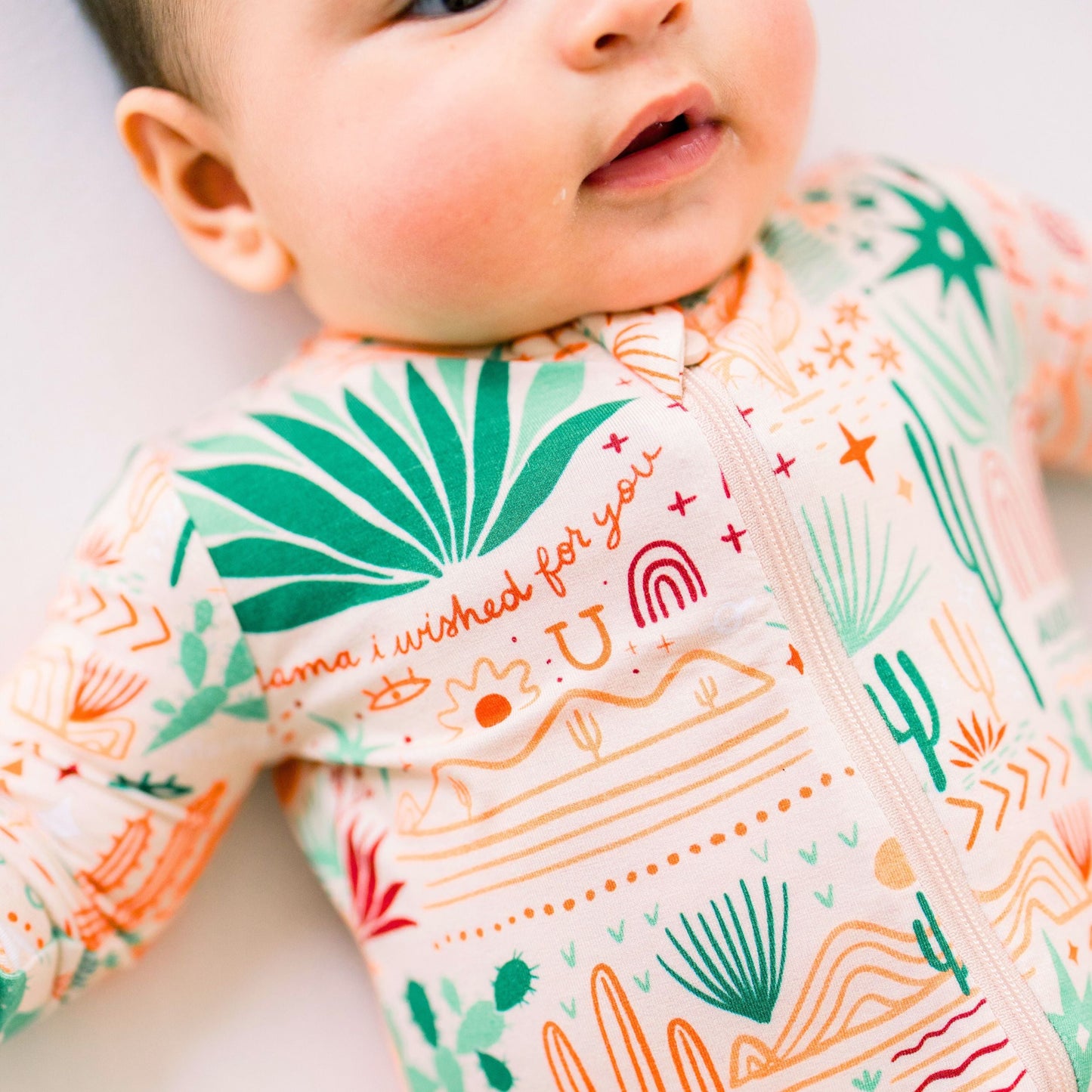 Desert Cactus Vibes | Bamboo Footie Onesie Sleeper | "Mama, I Wished for You" | Thermo-Regulating, Double Zipper, 4-Way Stretch