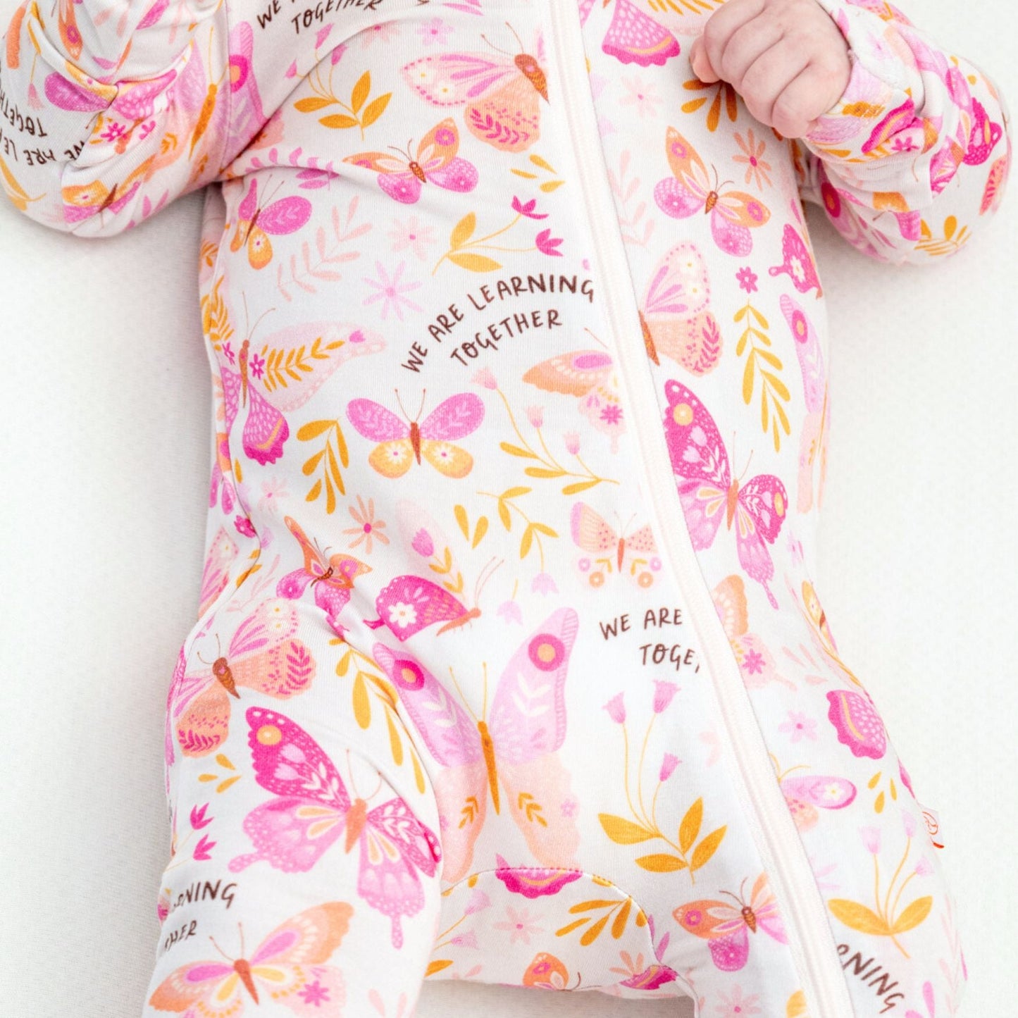 Butterfly Smoochies | Bamboo Footie Onesie Sleeper | "We're Learning Together" | Thermo-Regulating, Double Zipper, 4-Way Stretch