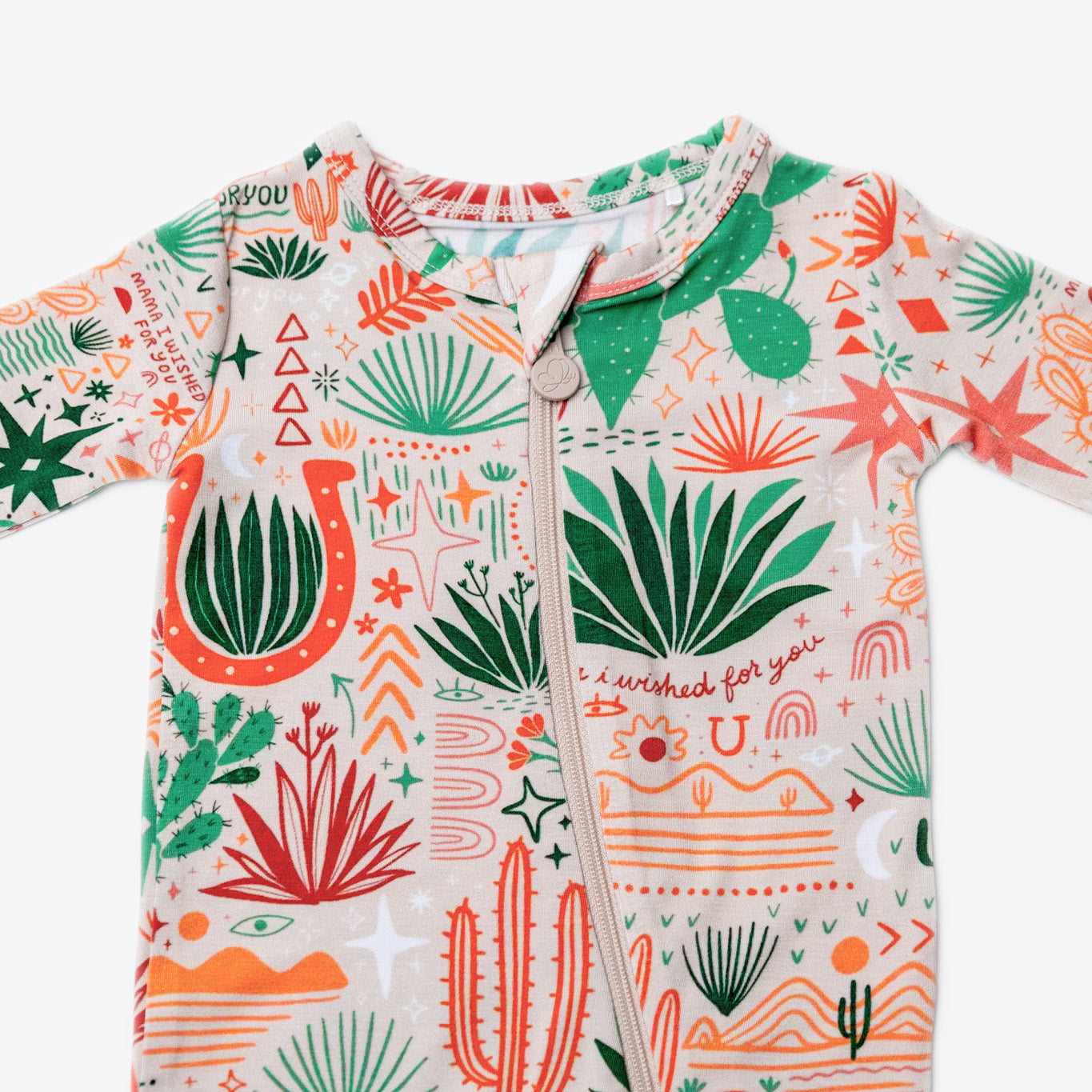 Desert Cactus Vibes | Bamboo Footless Onesie Romper | "Mama, I Wished for You" | Thermo-Regulating, Double Zipper, 4-Way Stretch
