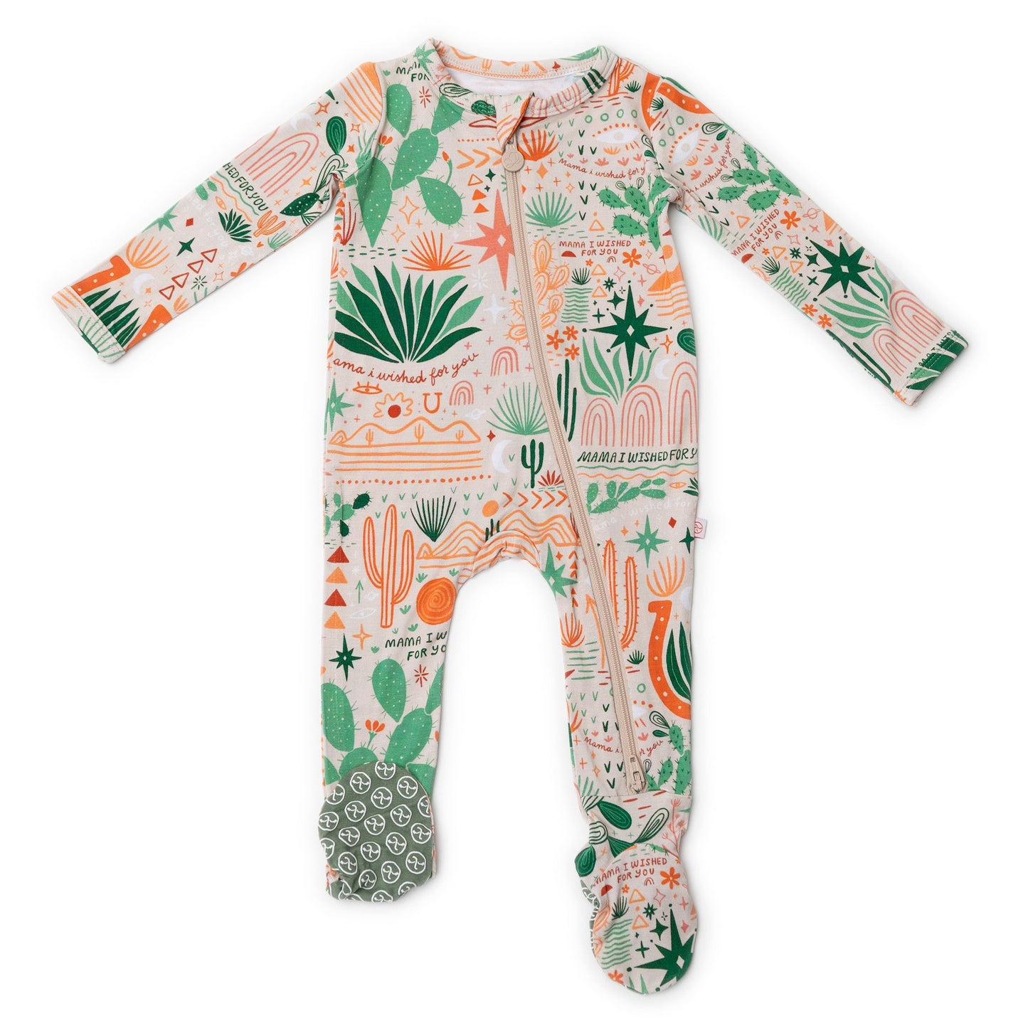 Desert Cactus Vibes | Bamboo Footie Onesie Sleeper | "Mama, I Wished for You" | Thermo-Regulating, Double Zipper, 4-Way Stretch
