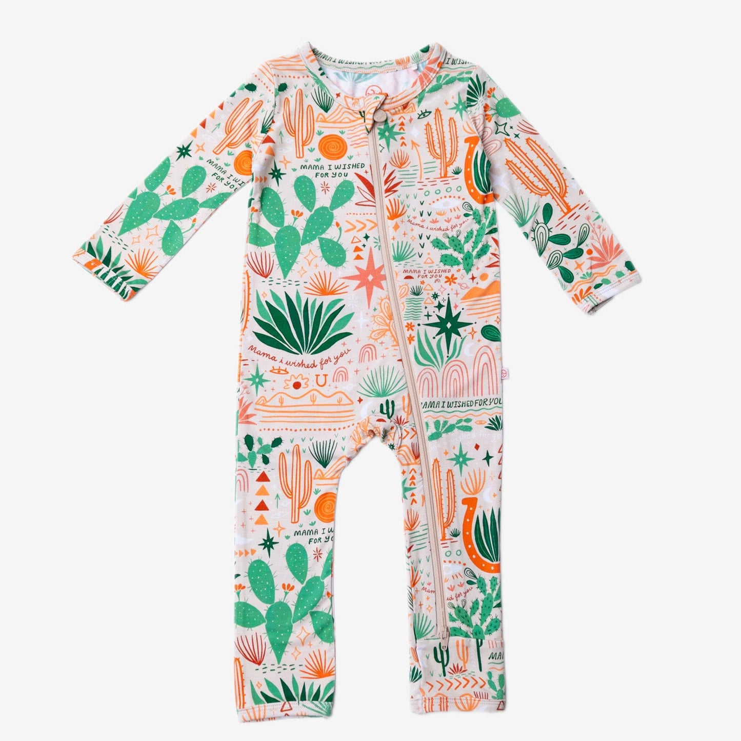Desert Cactus Vibes | Bamboo Footless Onesie Romper | "Mama, I Wished for You" | Thermo-Regulating, Double Zipper, 4-Way Stretch