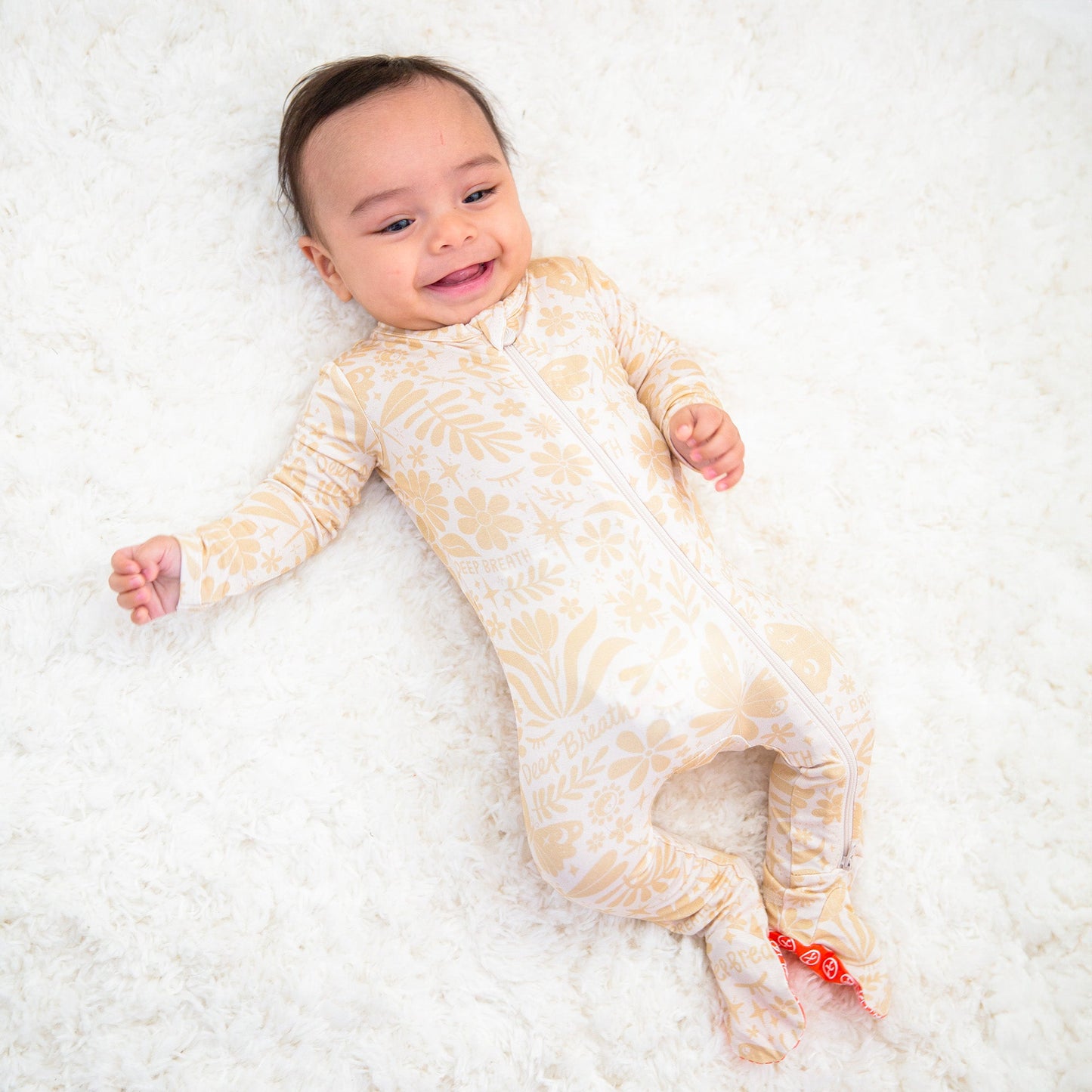 Om Baby Beige | Bamboo Footie Onesie Sleeper | "Deep Breath" | Thermo-Regulating, Double Zipper, 4-Way Stretch