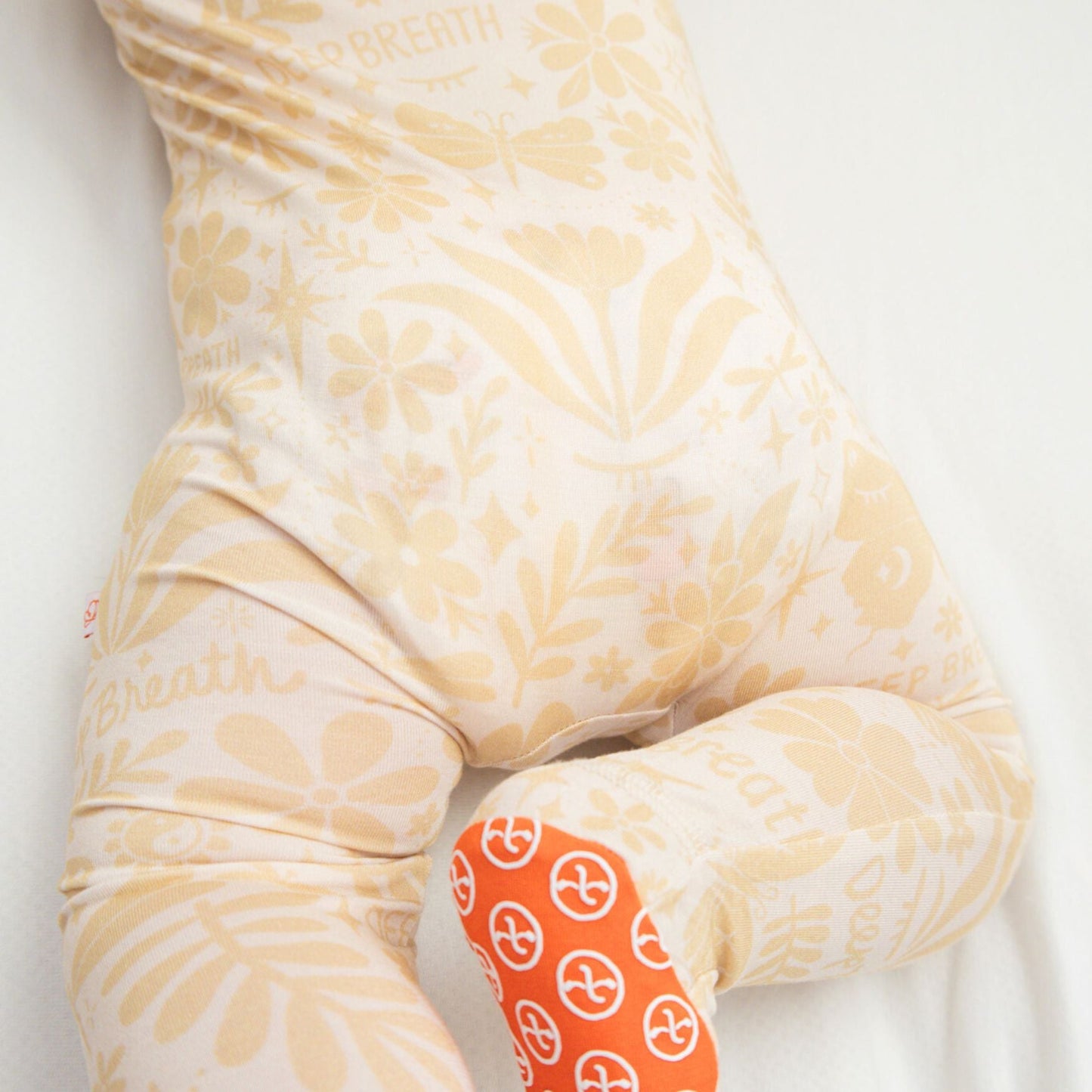 Om Baby Beige | Bamboo Footie Onesie Sleeper | "Deep Breath" | Thermo-Regulating, Double Zipper, 4-Way Stretch