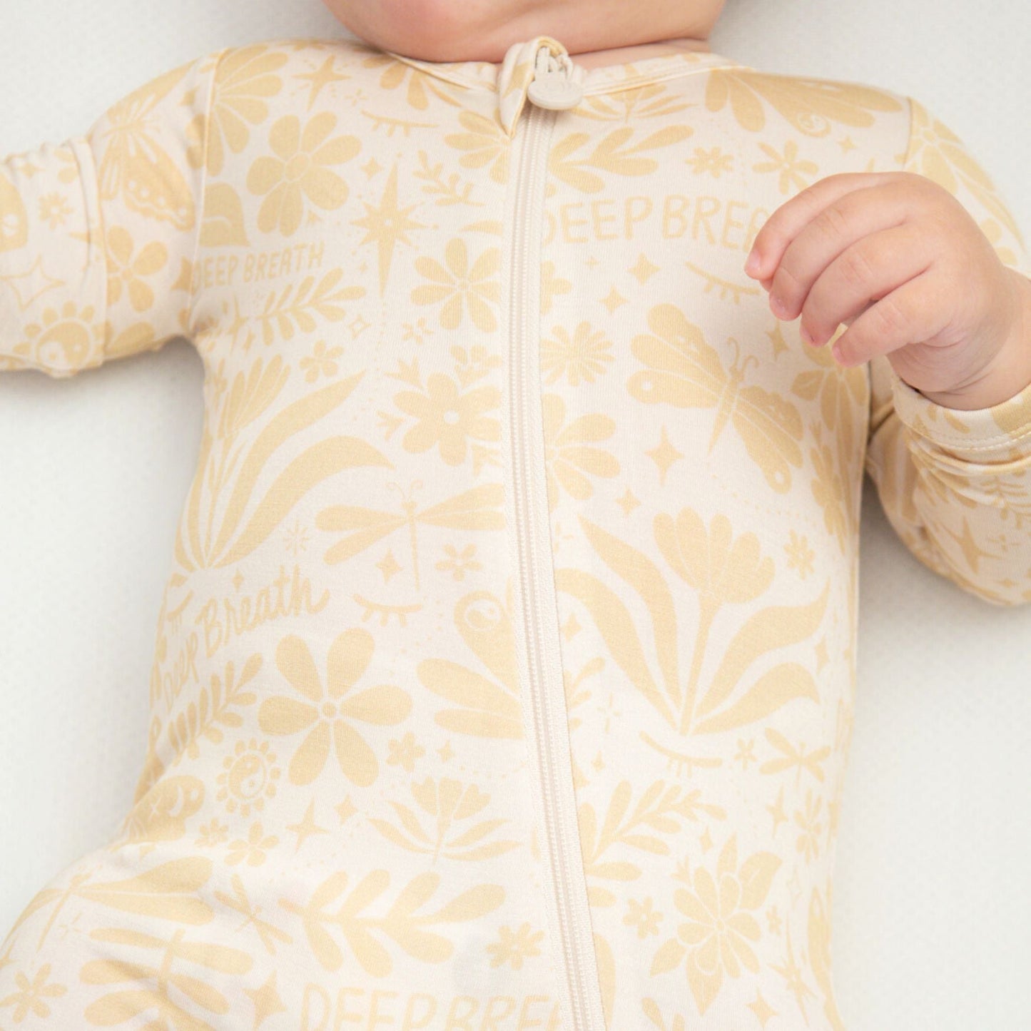 Om Baby Beige | Bamboo Footie Onesie Sleeper | "Deep Breath" | Thermo-Regulating, Double Zipper, 4-Way Stretch