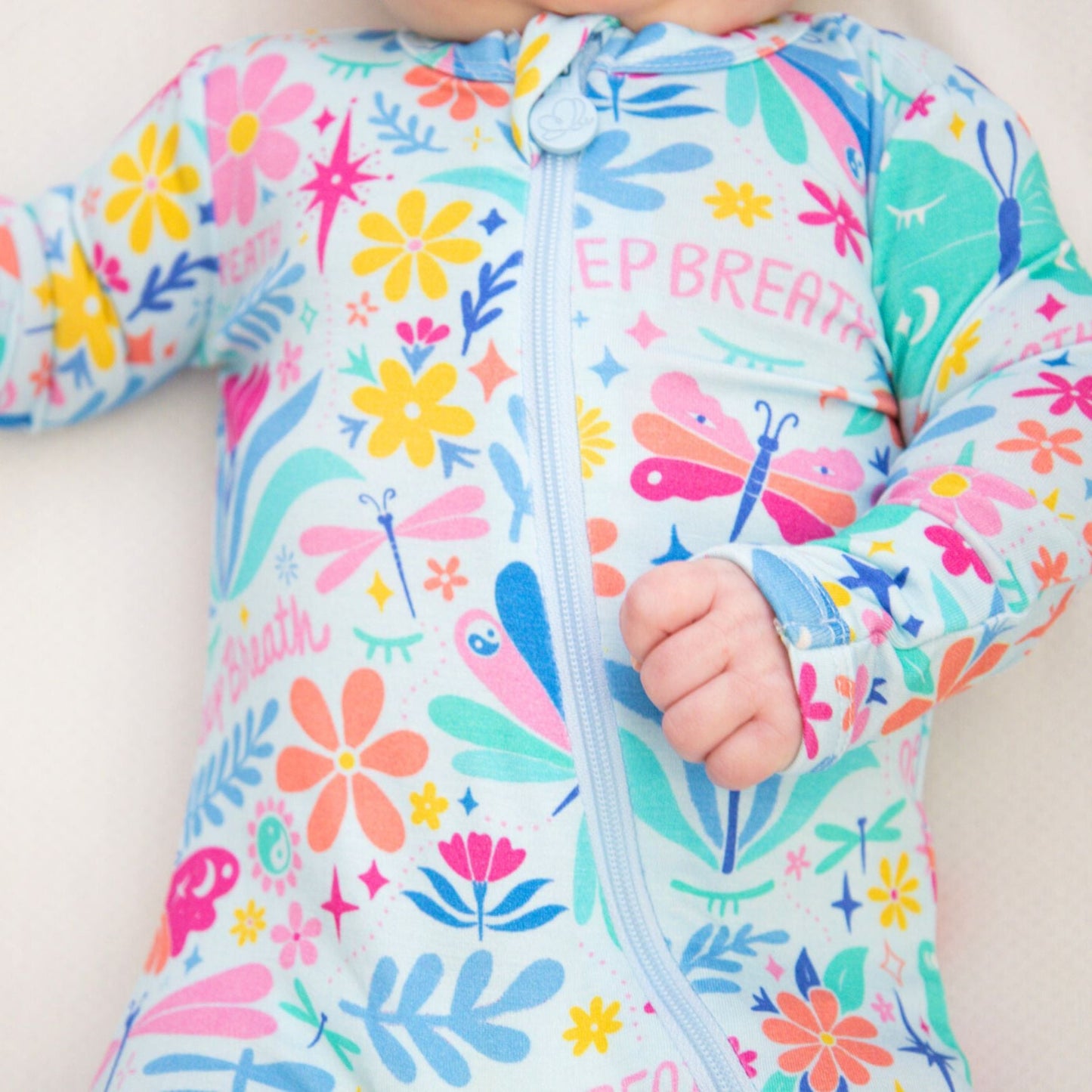 Om Baby | Bamboo Footless Onesie Romper | "Deep Breath" | Thermo-Regulating, Double Zipper, 4-Way Stretch