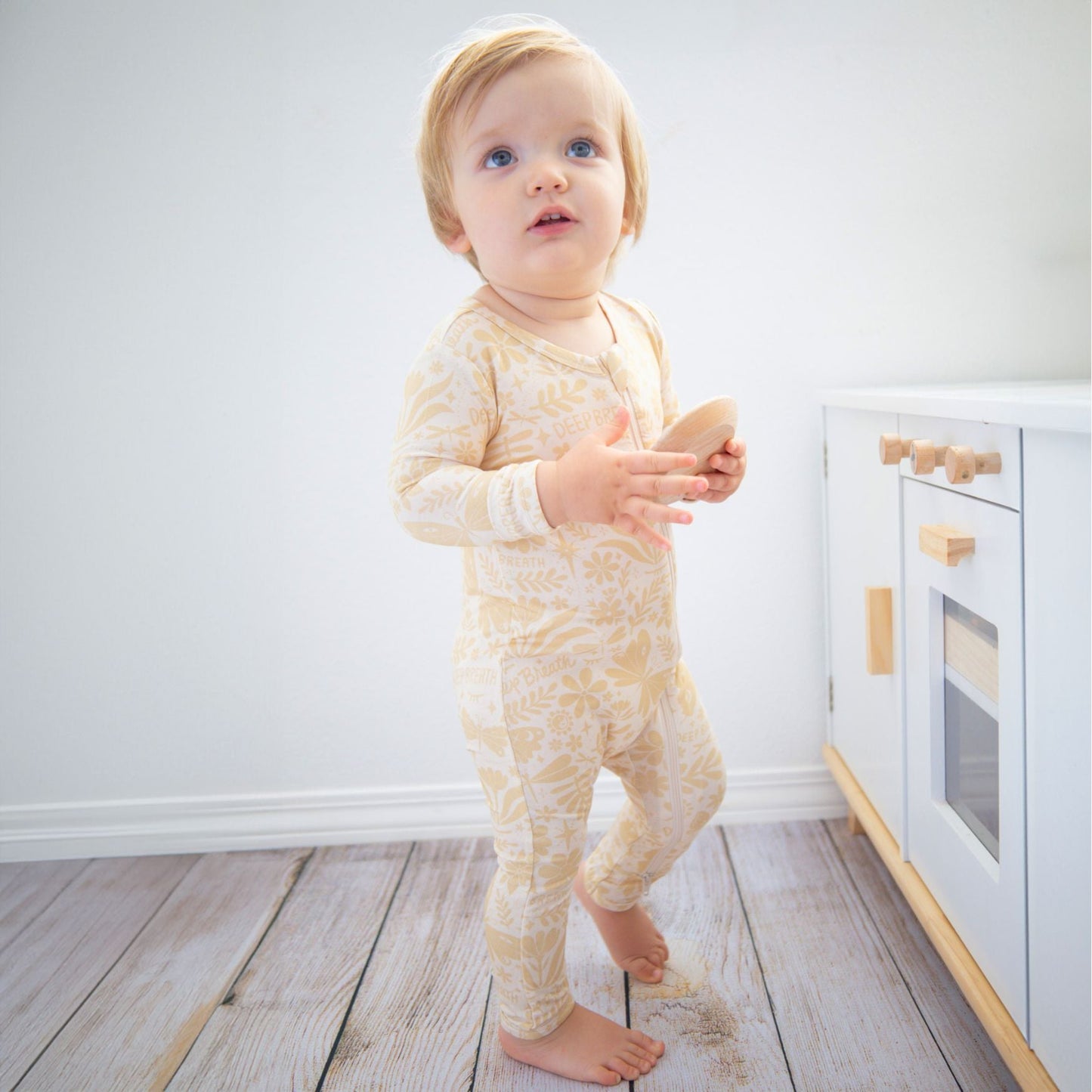 Om Baby Beige | Bamboo Footless Onesie Romper | "Deep Breath" | Thermo-Regulating, Double Zipper, 4-Way Stretch