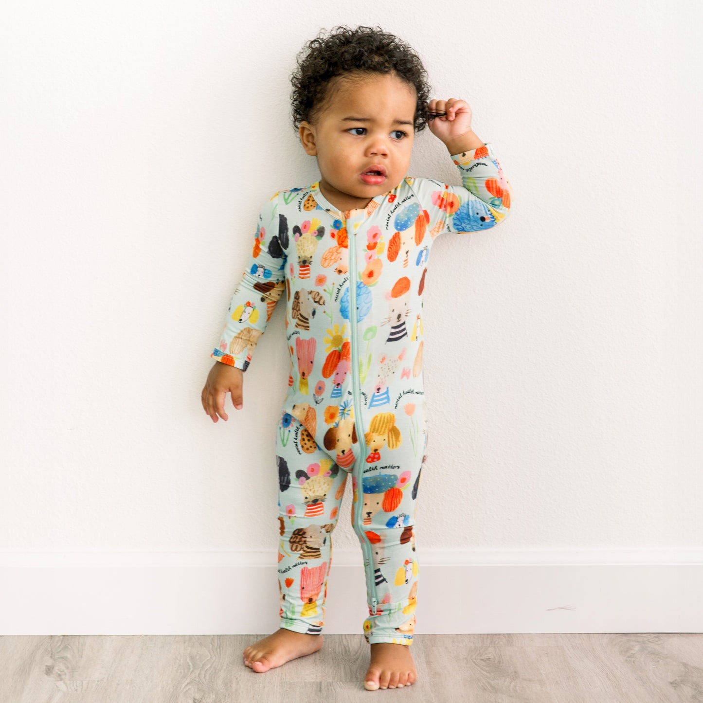 Mindful Doggos | Bamboo Footless Onesie Romper | "Mental Health Matters" | Thermo-Regulating, Double Zipper, 4-Way Stretch