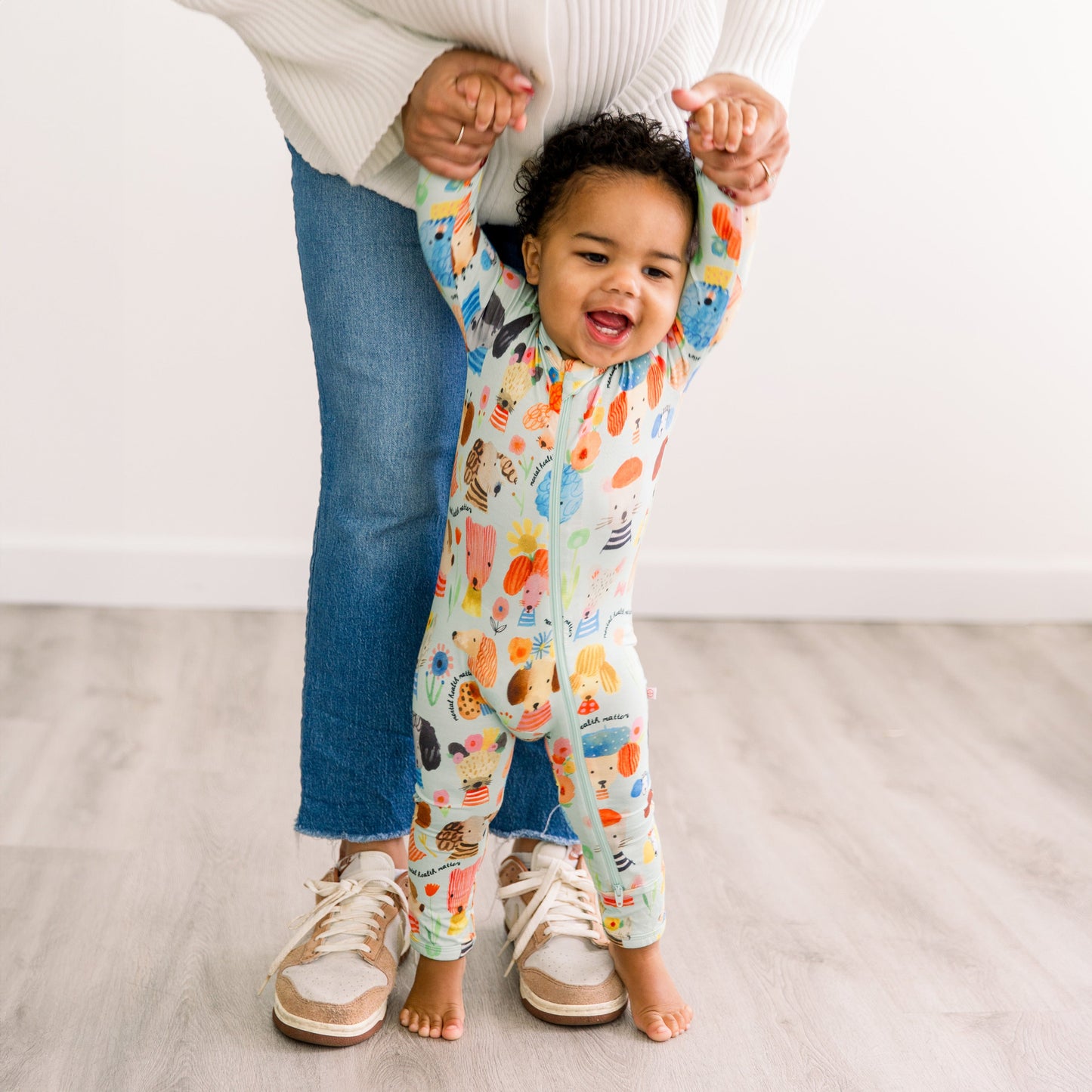 Mindful Doggos | Bamboo Footless Onesie Romper | "Mental Health Matters" | Thermo-Regulating, Double Zipper, 4-Way Stretch