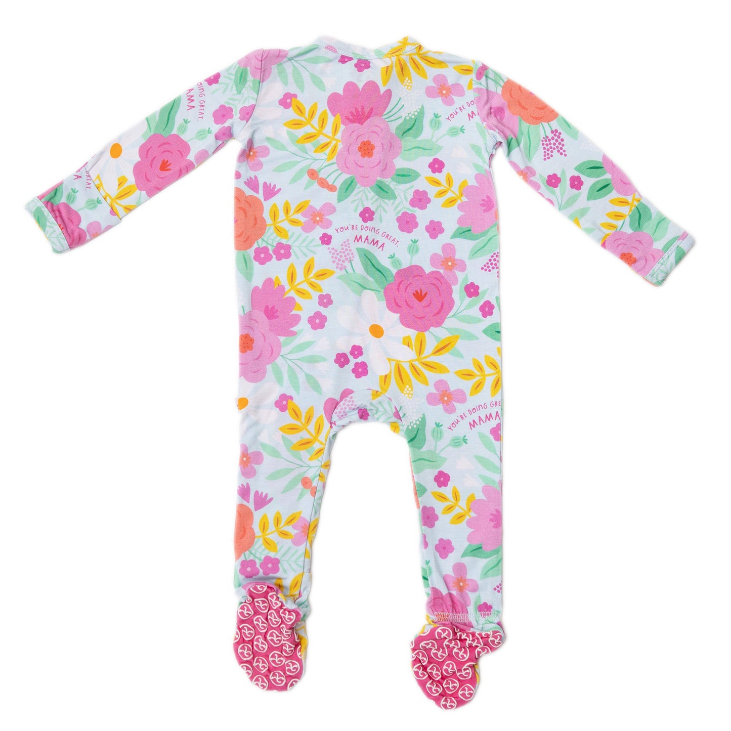 Flower Power | Bamboo Footie Onesie Sleeper | "You're Doing Great Mama" | Thermo-Regulating, Double Zipper, 4-Way Stretch