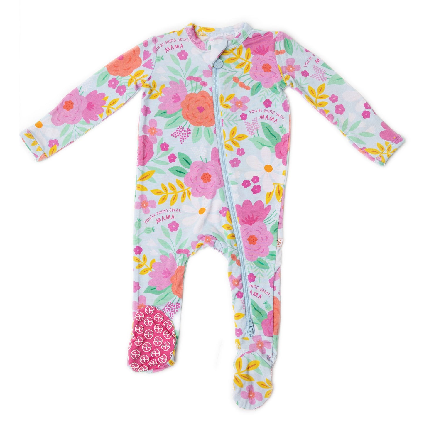 Flower Power | Bamboo Footie Onesie Sleeper | "You're Doing Great Mama" | Thermo-Regulating, Double Zipper, 4-Way Stretch