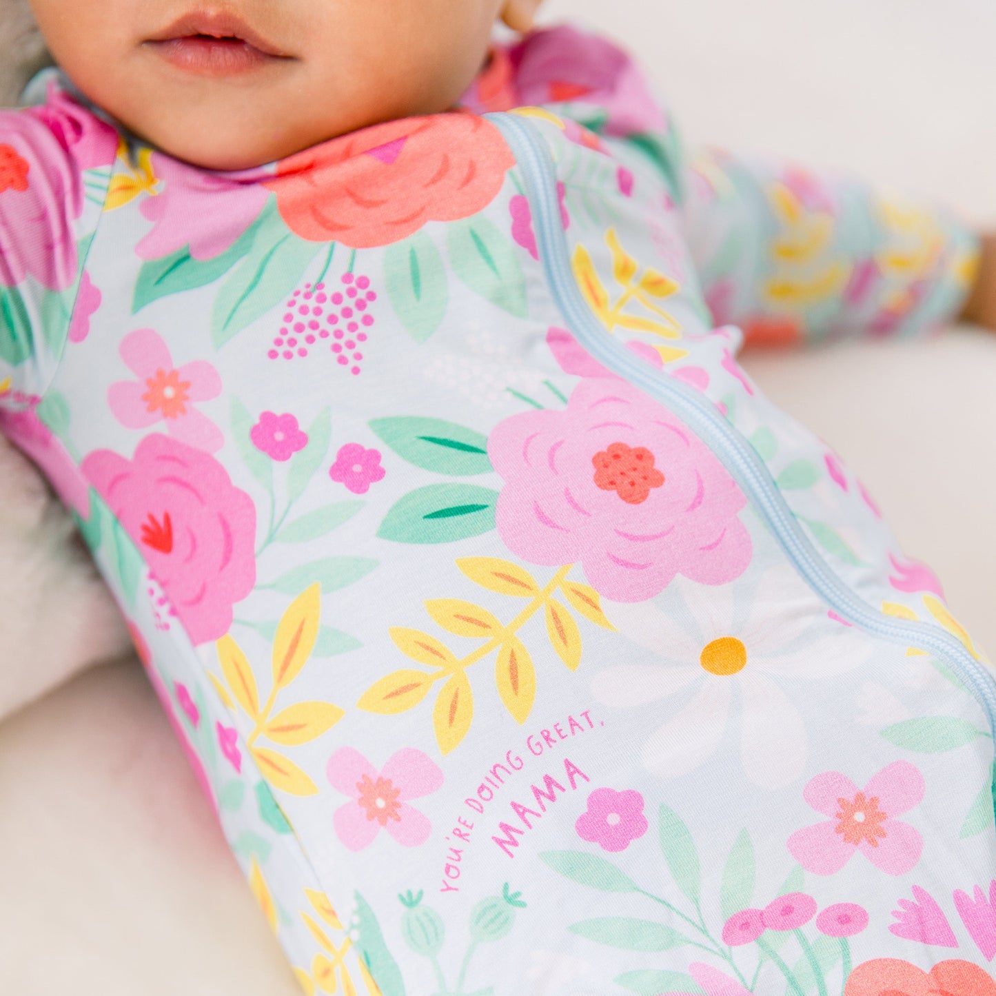 Flower Power | Bamboo Footless Onesie Romper | "You're Doing Great, Mama" | Thermo-Regulating, Double Zipper, 4-Way Stretch