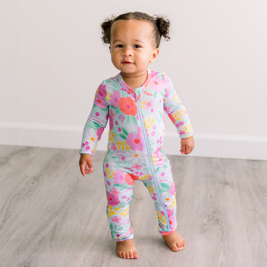 Flower Power | Bamboo Footless Onesie Romper | "You're Doing Great, Mama" | Thermo-Regulating, Double Zipper, 4-Way Stretch