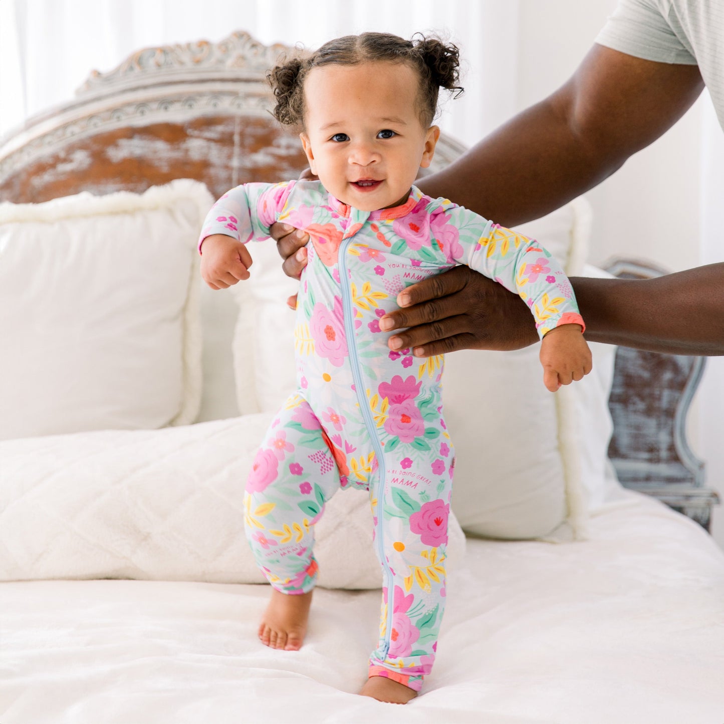 Flower Power | Bamboo Footless Onesie Romper | "You're Doing Great, Mama" | Thermo-Regulating, Double Zipper, 4-Way Stretch