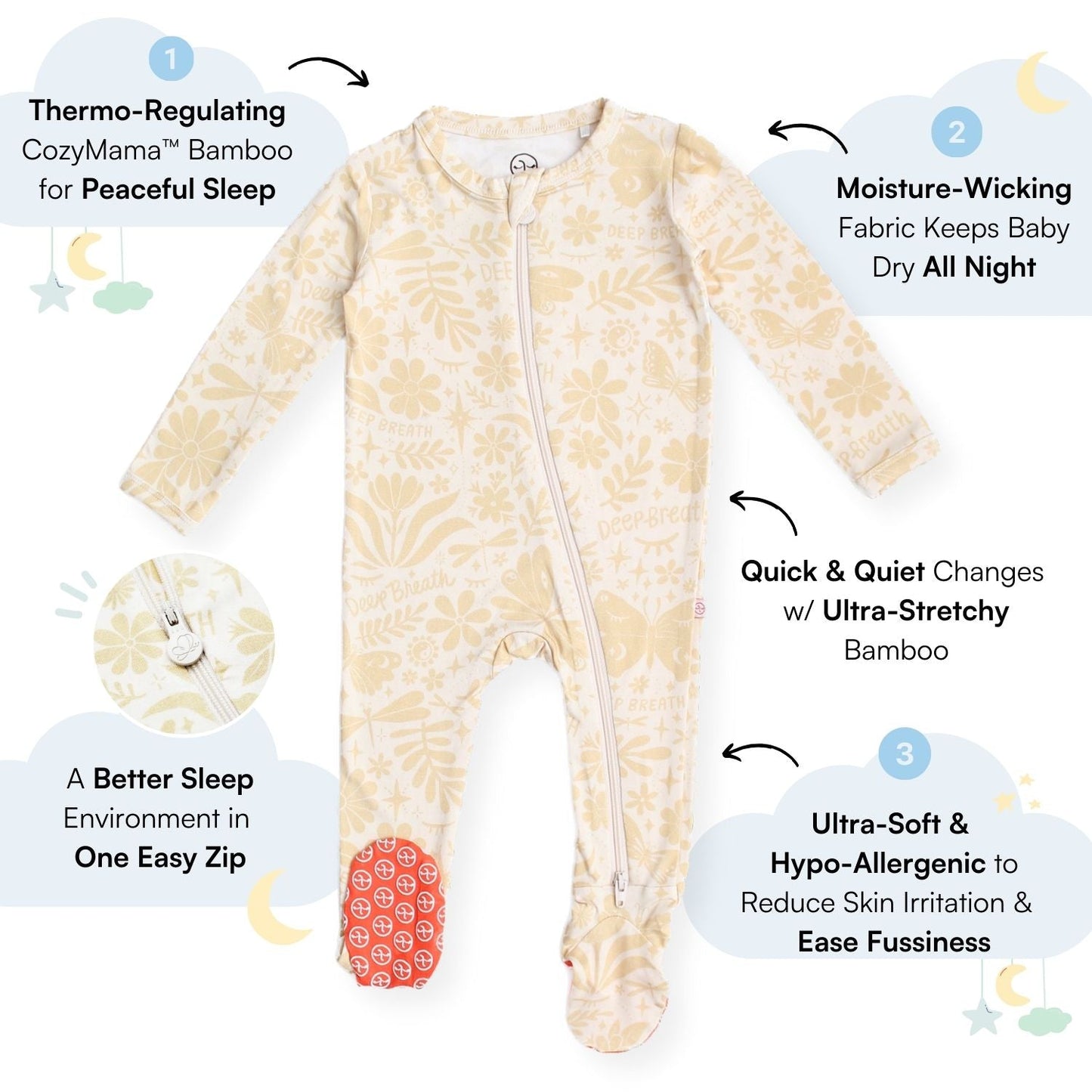 Om Baby Beige | Bamboo Footie Onesie Sleeper | "Deep Breath" | Thermo-Regulating, Double Zipper, 4-Way Stretch