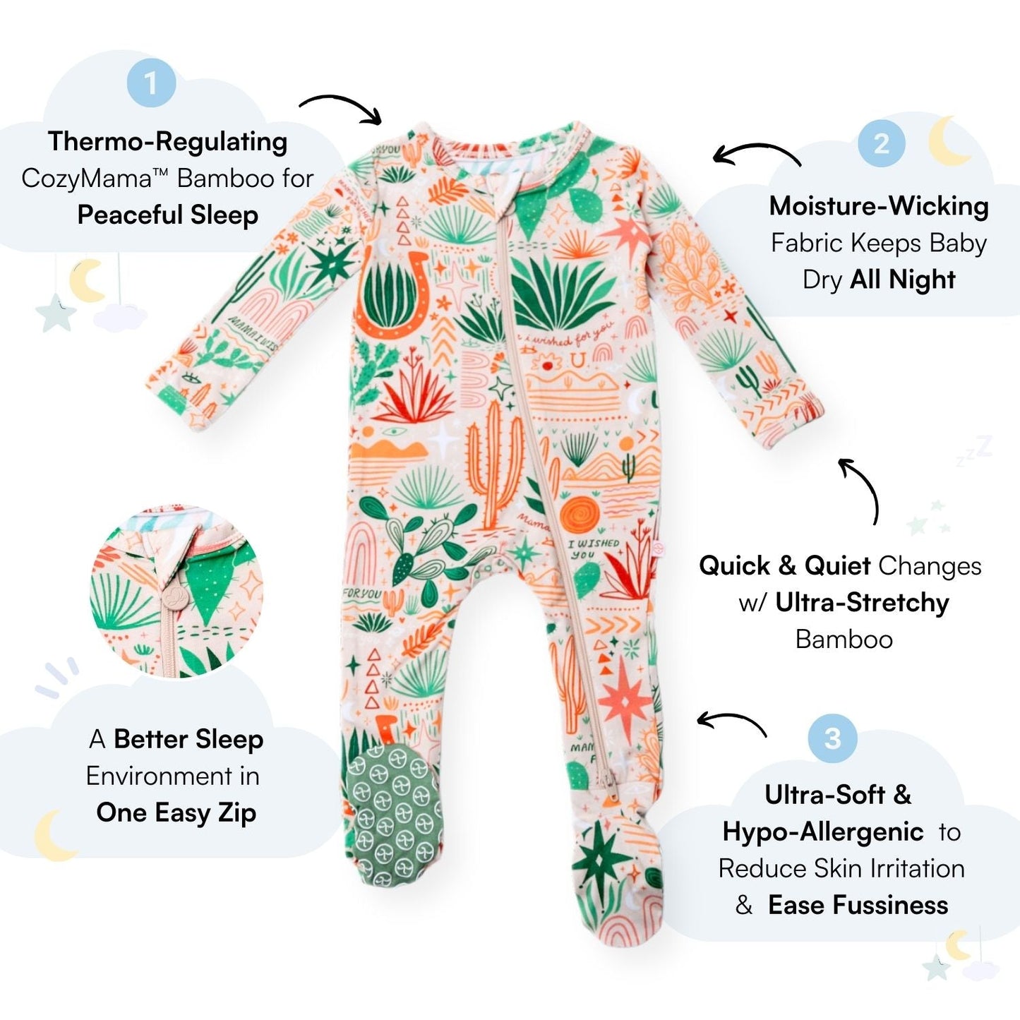 Desert Cactus Vibes | Bamboo Footie Onesie Sleeper | "Mama, I Wished for You" | Thermo-Regulating, Double Zipper, 4-Way Stretch