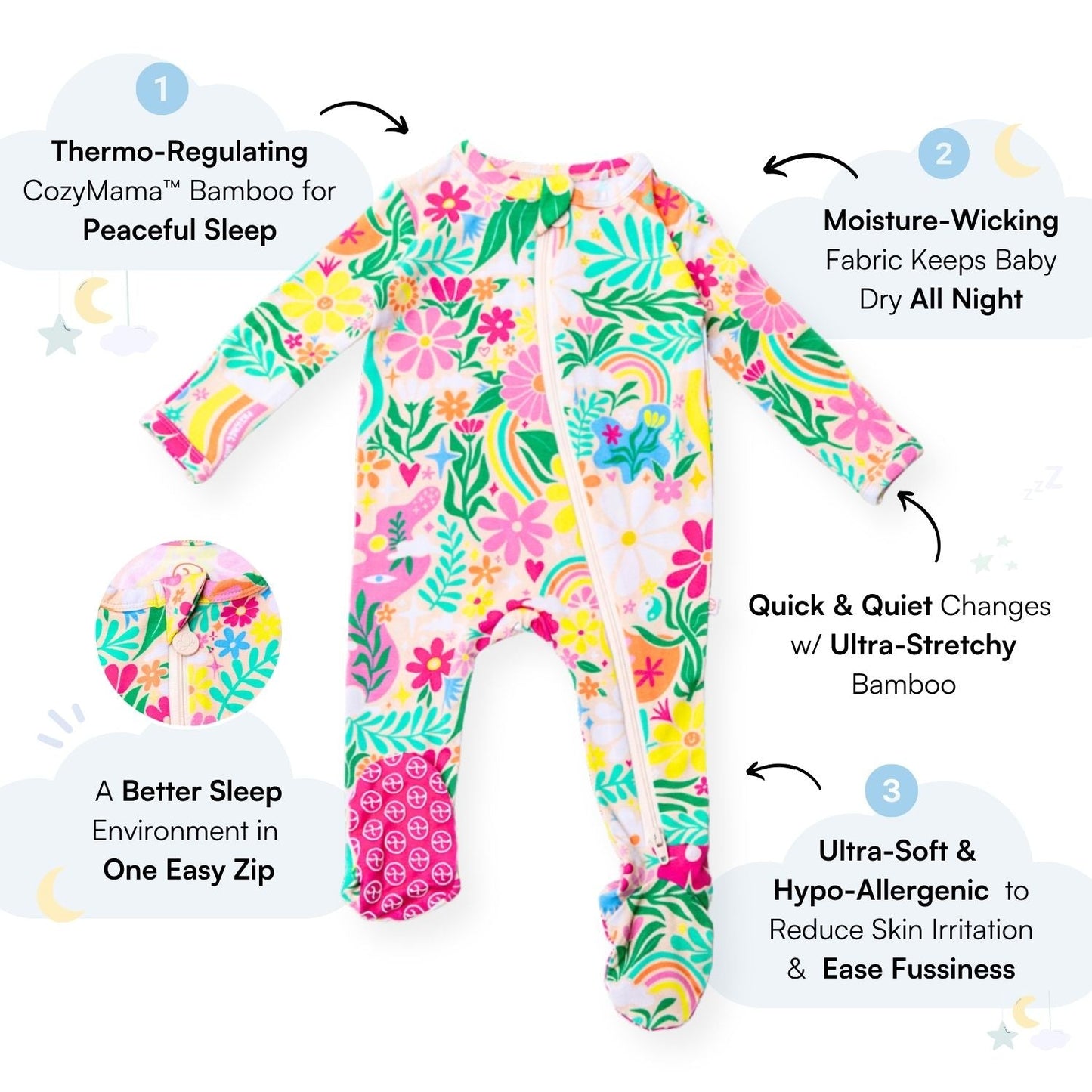 Rainbow Daisy Babe | Bamboo Footie Onesie Sleeper | "Patience & Kindness" | Thermo-Regulating, Double Zipper, 4-Way Stretch