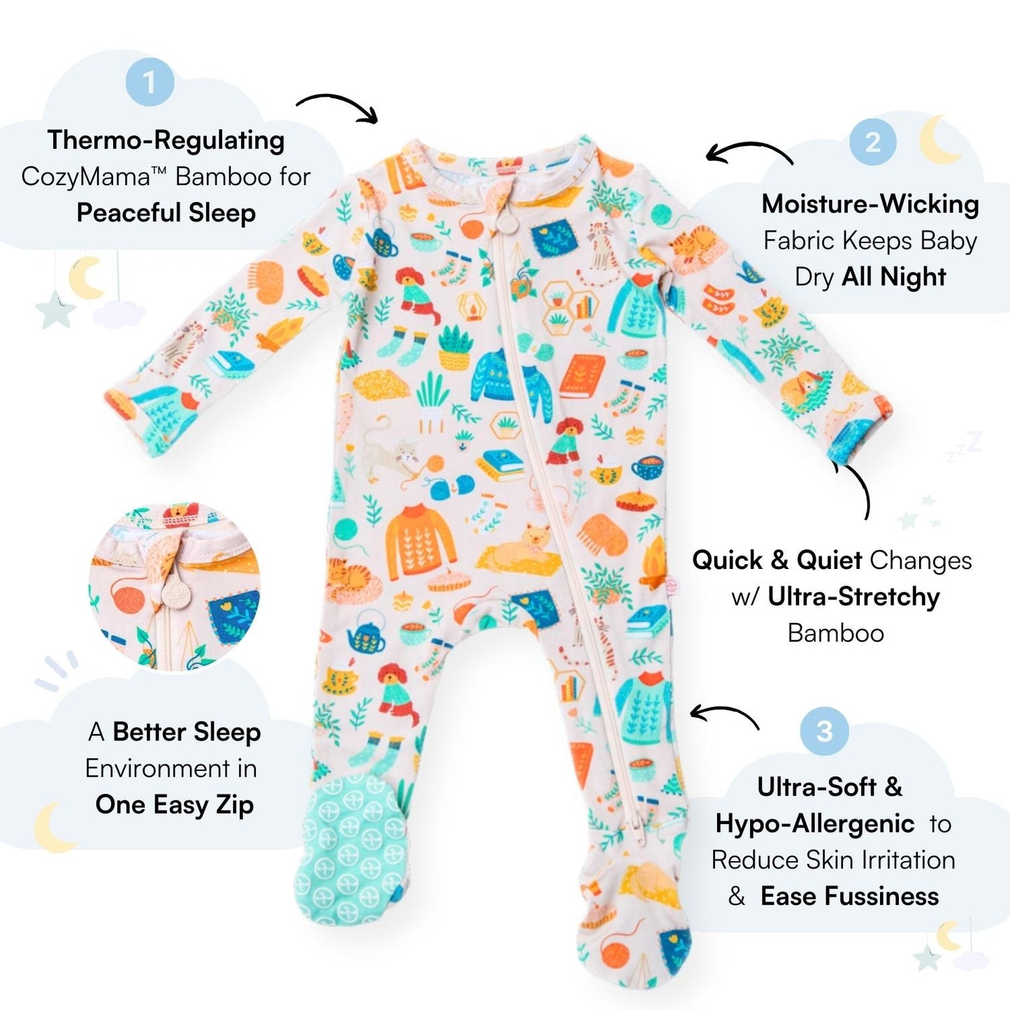 Cozy Cats & Dogs | Bamboo Footie Onesie Sleeper | Thermo-Regulating, Double Zipper, 4-Way Stretch
