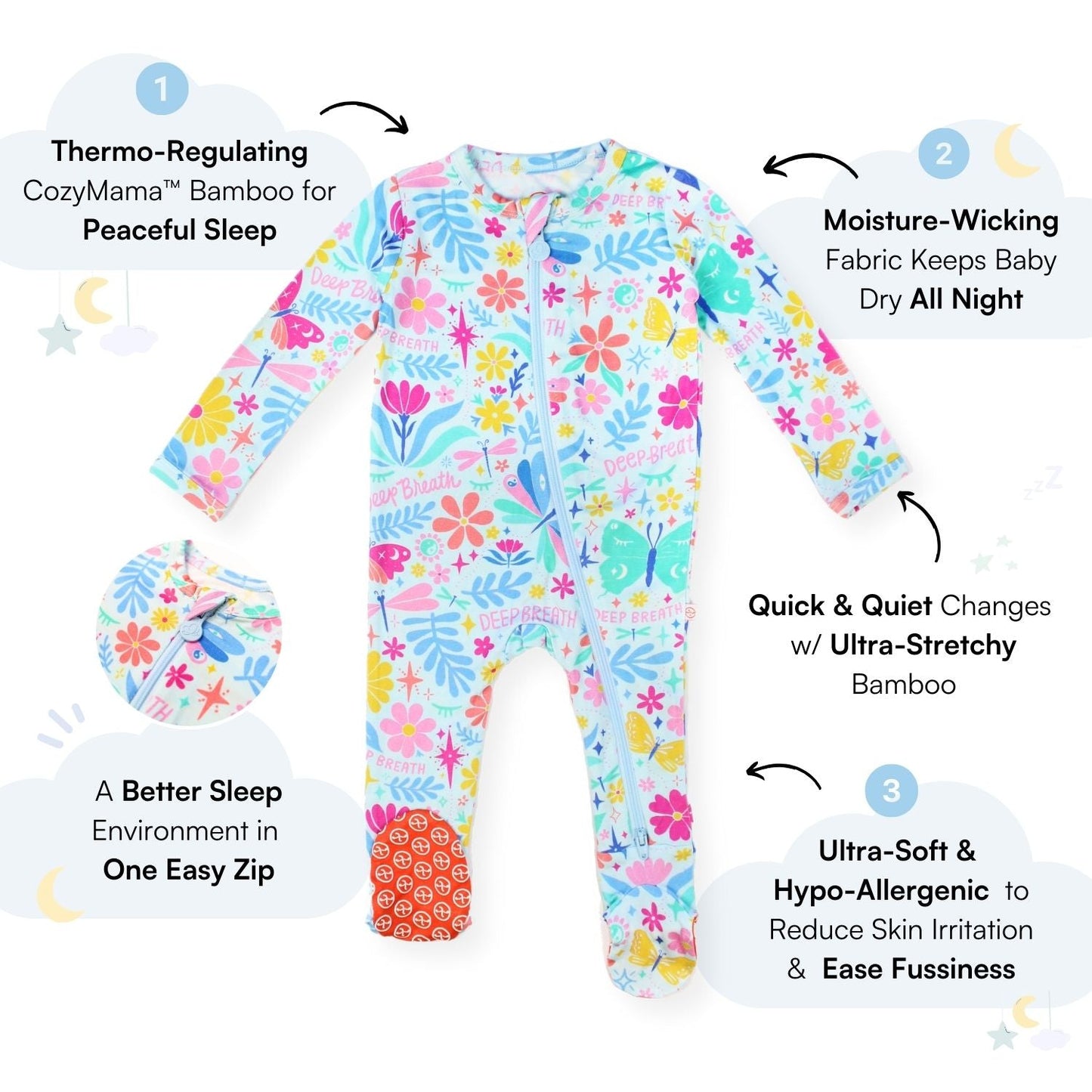 Om Baby | Bamboo Footie Onesie Sleeper | "Deep Breath" | Thermo-Regulating, Double Zipper, 4-Way Stretch
