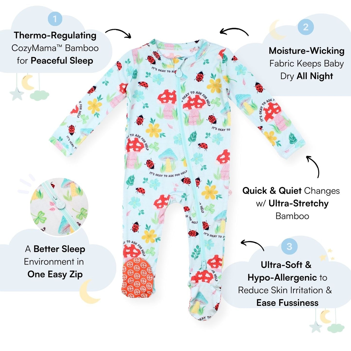 Magic Mushroom | Bamboo Footie Onesie Sleeper | "It's Okay to Ask for Help" | Thermo-Regulating, Double Zipper, 4-Way Stretch