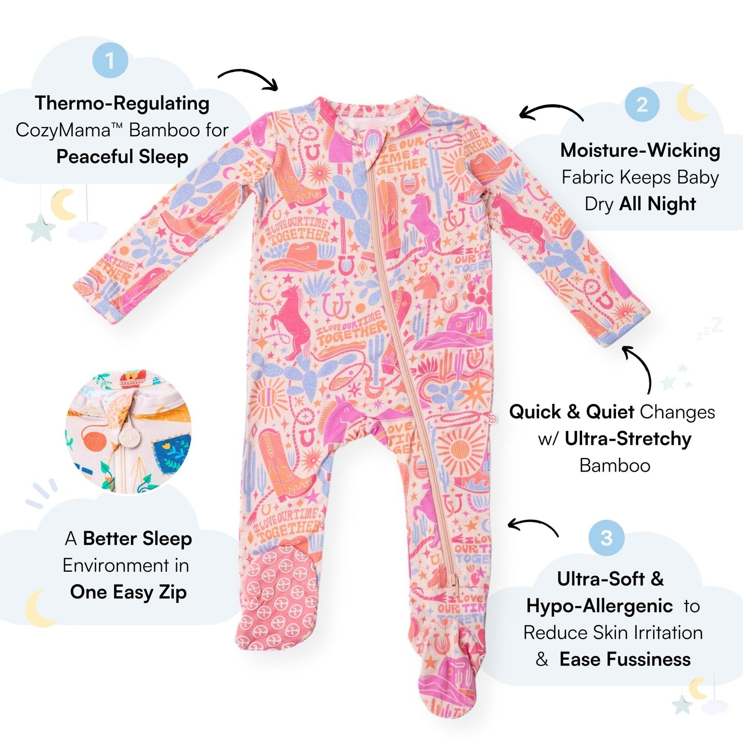 Saddle Up | Bamboo Footie Onesie Sleeper | "I Love Our Time Together" | Thermo-Regulating, Double Zipper, 4-Way Stretch