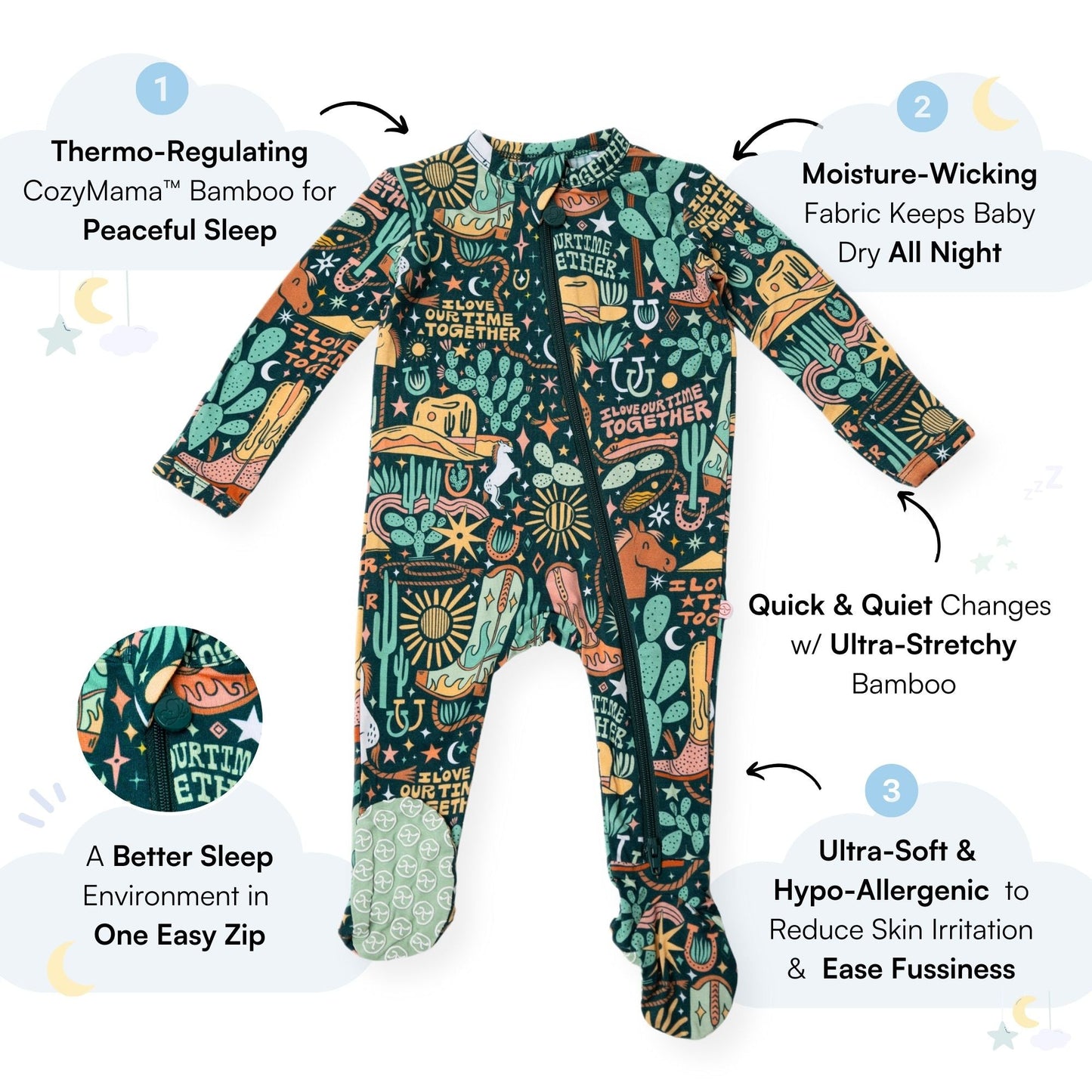 Wild West | Bamboo Footie Onesie Sleeper | "I Love Our Time Together" | Thermo-Regulating, Double Zipper, 4-Way Stretch