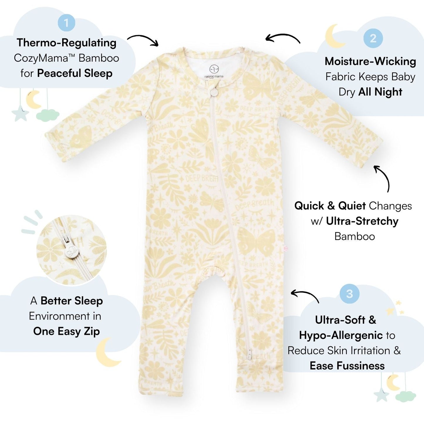 Om Baby Beige | Bamboo Footless Onesie Romper | "Deep Breath" | Thermo-Regulating, Double Zipper, 4-Way Stretch