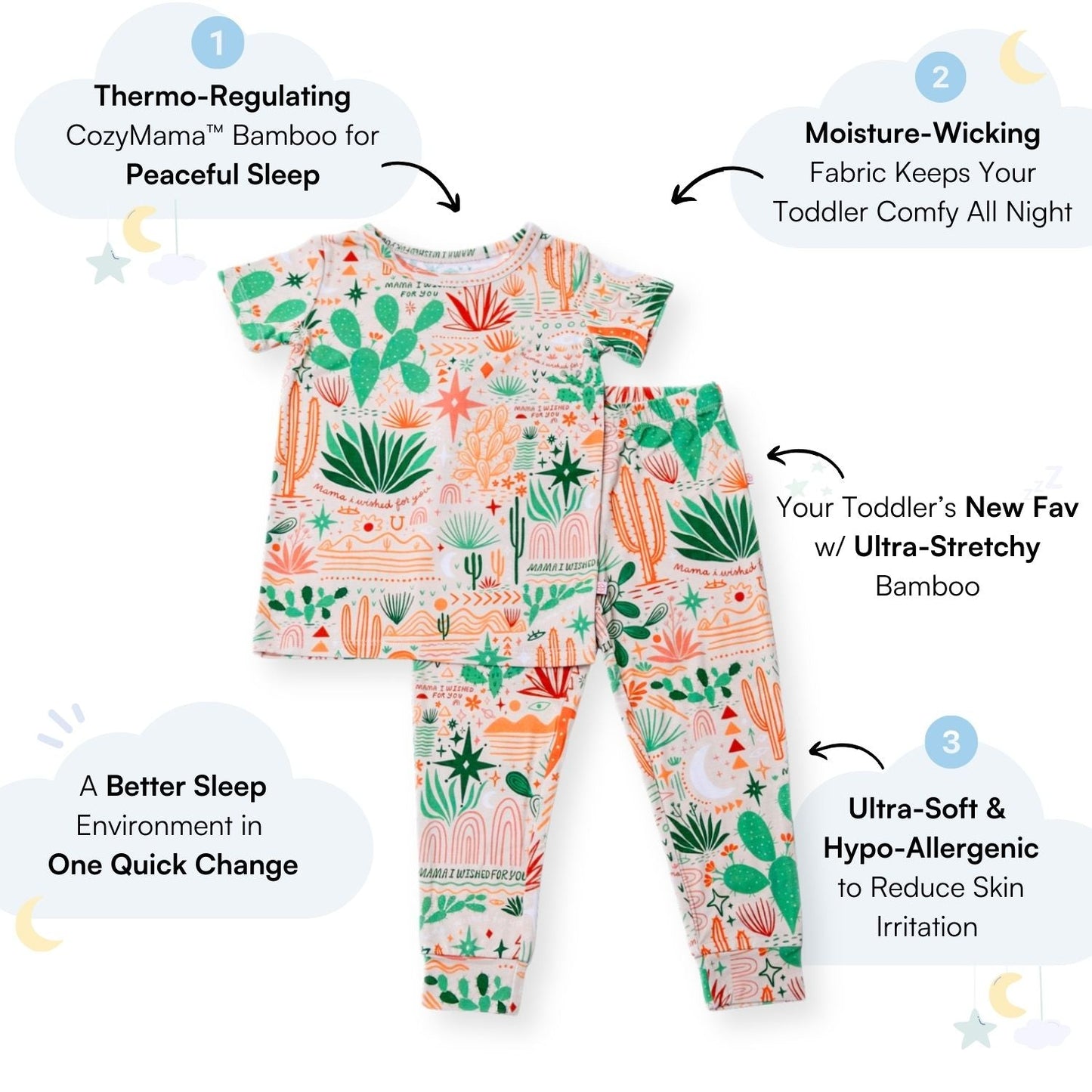 Desert Cactus Vibes | Bamboo Short Sleeve Pajamas | "Mama, I Wished for You" | Thermo-Regulating, 4-Way Stretch | OEKO-Tex Safe