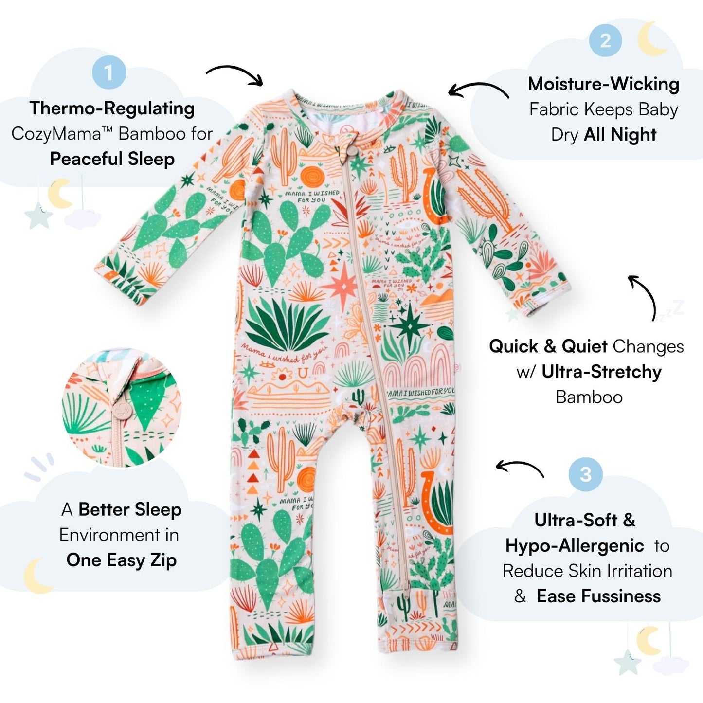 Desert Cactus Vibes | Bamboo Footless Onesie Romper | "Mama, I Wished for You" | Thermo-Regulating, Double Zipper, 4-Way Stretch
