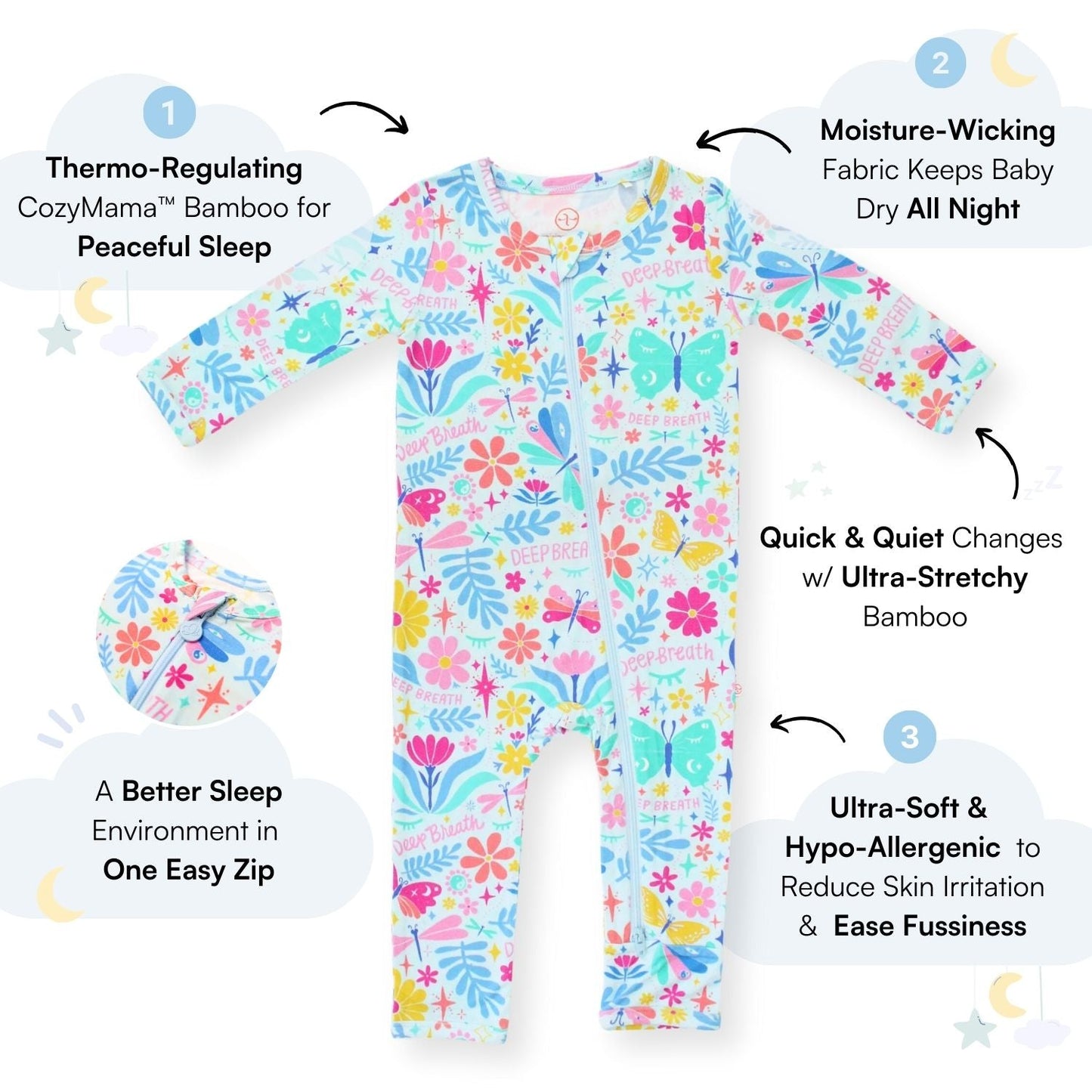 Om Baby | Bamboo Footless Onesie Romper | "Deep Breath" | Thermo-Regulating, Double Zipper, 4-Way Stretch