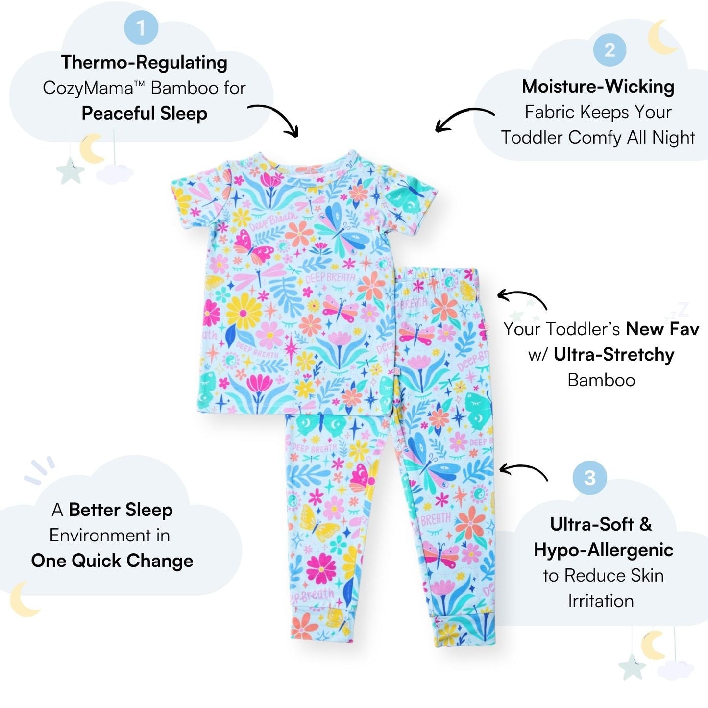 Om Baby | Bamboo Short Sleeve Pajamas | "Deep Breath" | Thermo-Regulating, 4-Way Stretch | OEKO-Tex Safe