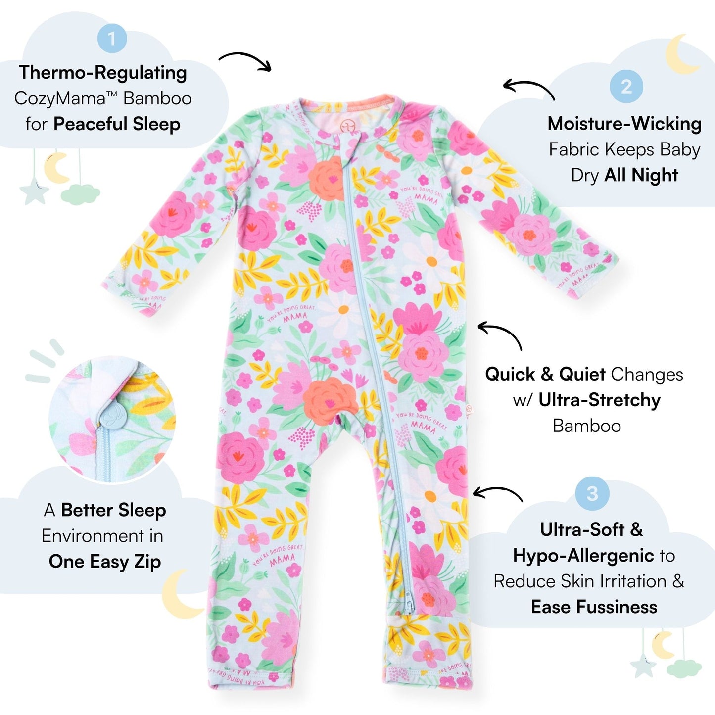Flower Power | Bamboo Footless Onesie Romper | "You're Doing Great, Mama" | Thermo-Regulating, Double Zipper, 4-Way Stretch