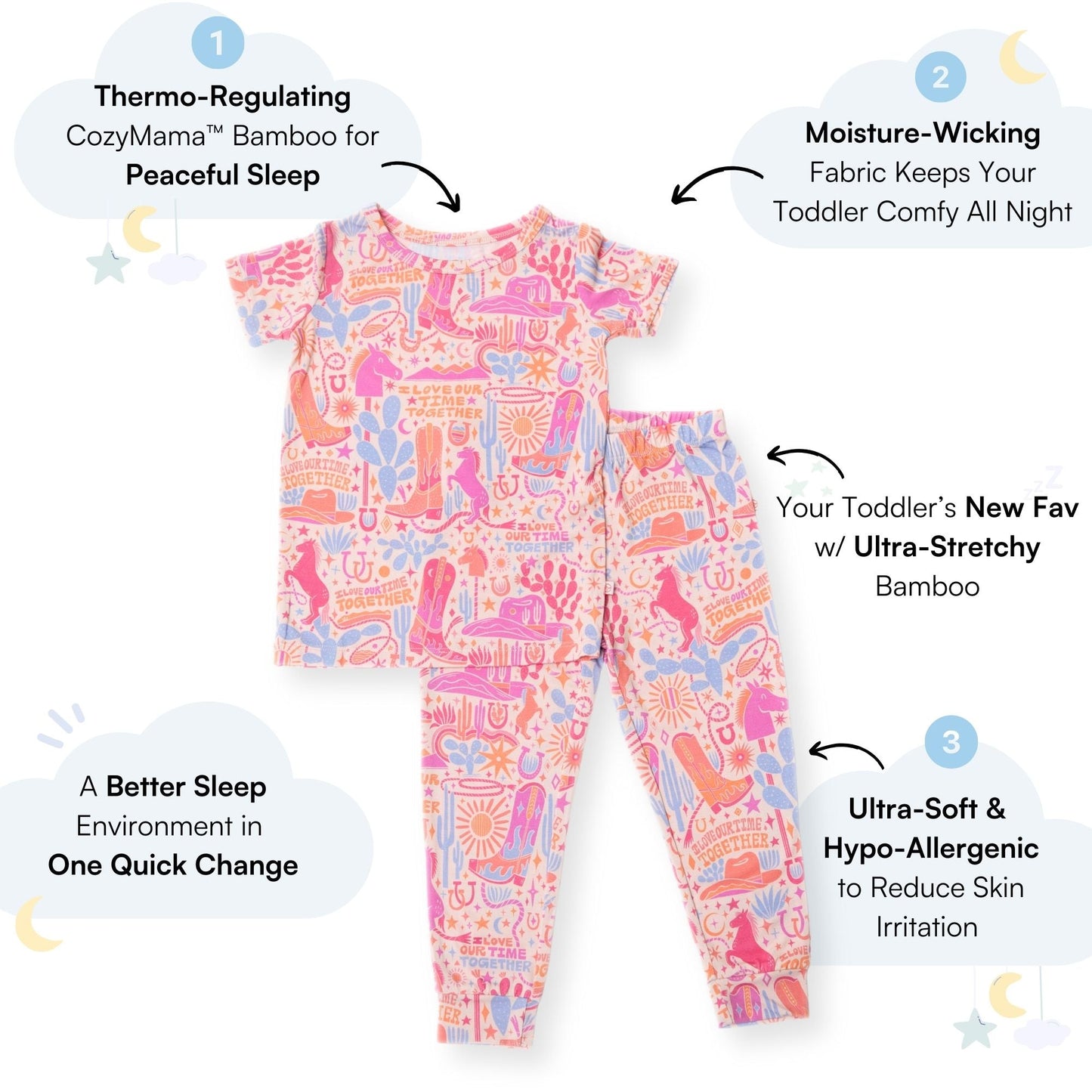 Saddle Up | Bamboo Toddler 2-Piece Pajamas | "I Love Our Time Together" | Thermo-Regulating, 4-Way Stretch | OEKO-Tex Safe