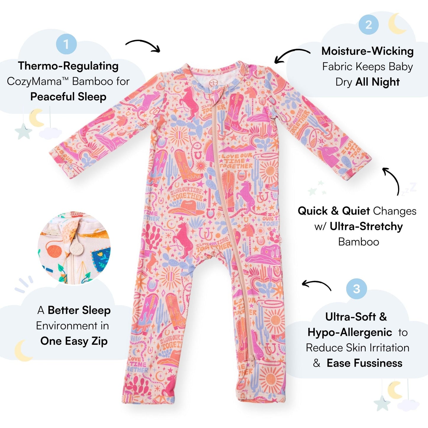 Saddle Up | Bamboo Footless Onesie Romper | "I Love Our Time Together" | Thermo-Regulating, Double Zipper, 4-Way Stretch