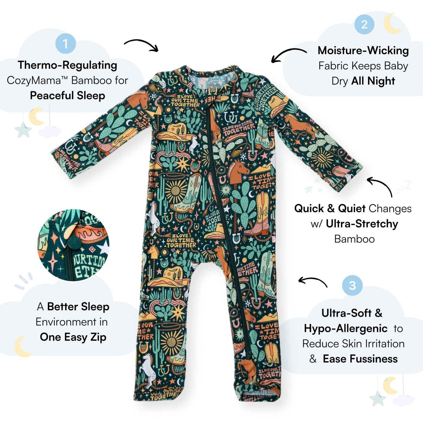 Wild West | Bamboo Footless Onesie Romper | "I Love Our Time Together" | Thermo-Regulating, Double Zipper, 4-Way Stretch