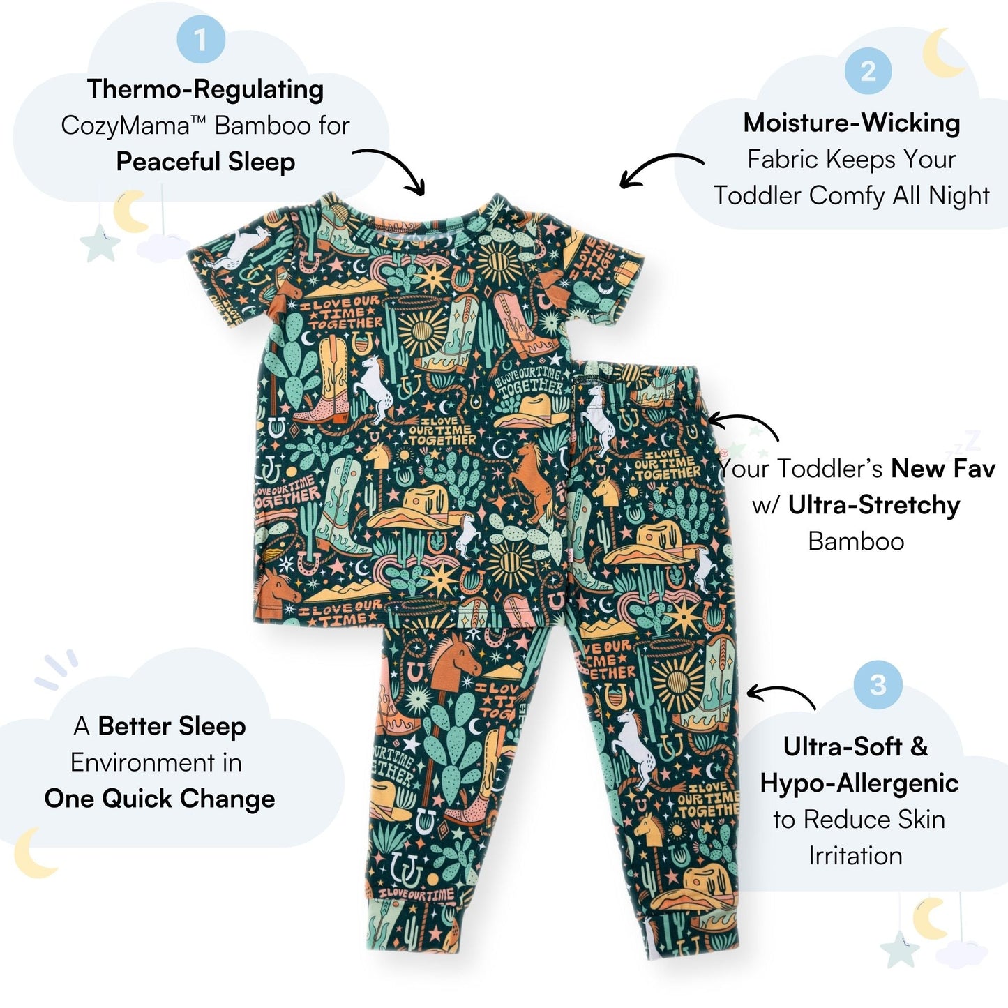 Wild West | Bamboo Toddler 2-Piece Pajamas | "I Love Our Time Together" | Thermo-Regulating, 4-Way Stretch | OEKO-Tex Safe