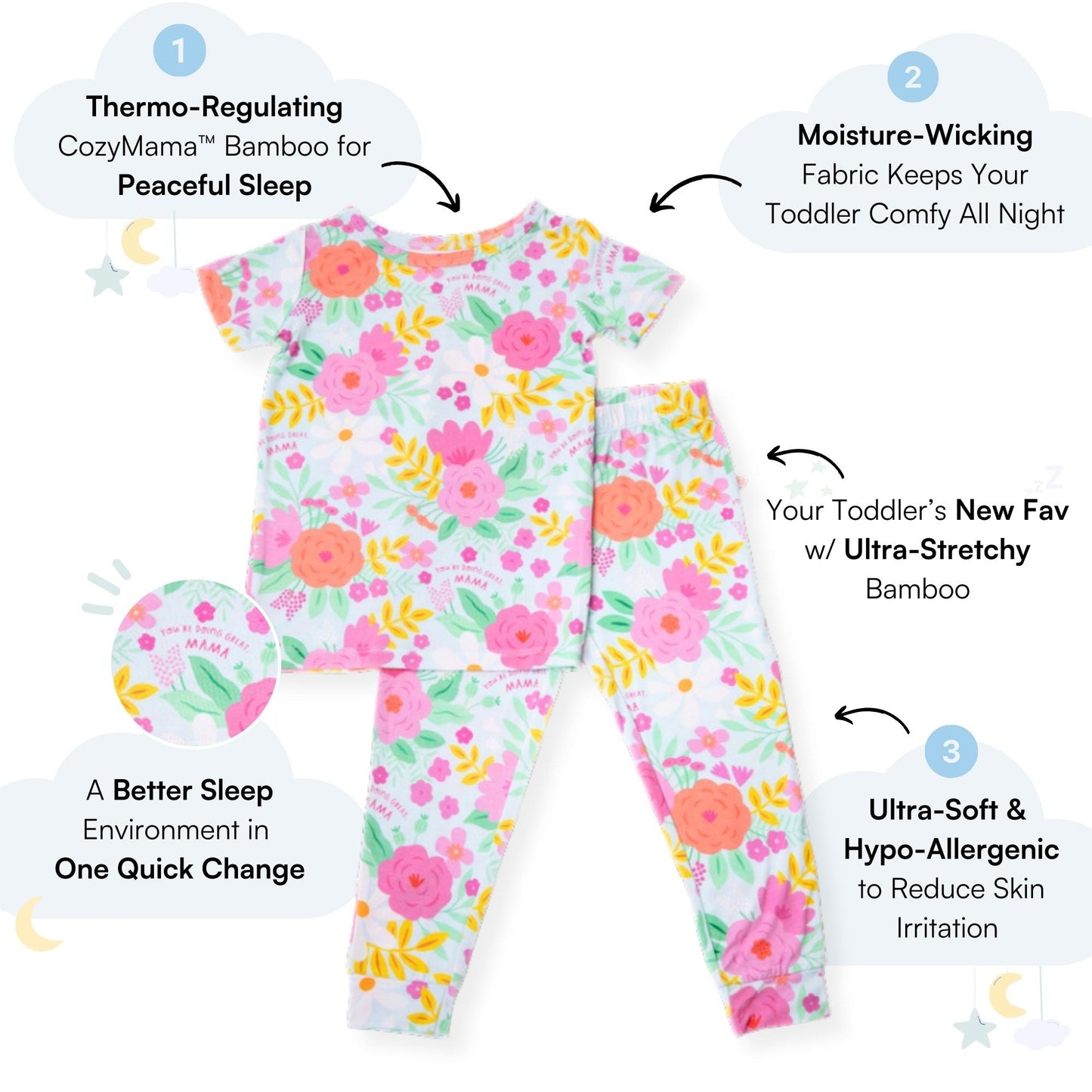 Flower Power | Bamboo Short Sleeve Pajamas | "You're Doing Great, Mama" | Thermo-Regulating, 4-Way Stretch | OEKO-Tex Safe