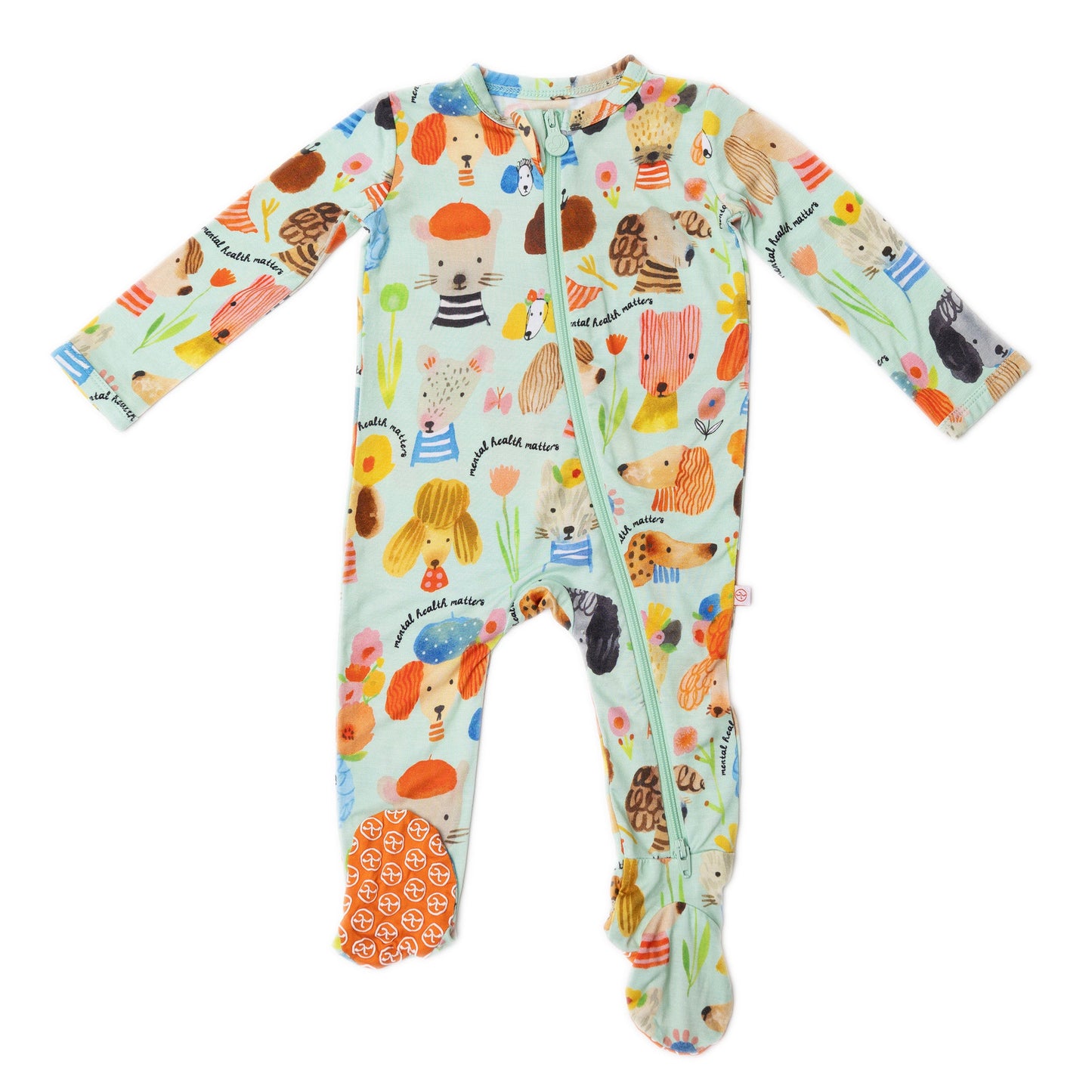 Mindful Doggos | Bamboo Footie Onesie Sleeper | "Mental Health Matters" | Thermo-Regulating, Double Zipper, 4-Way Stretch