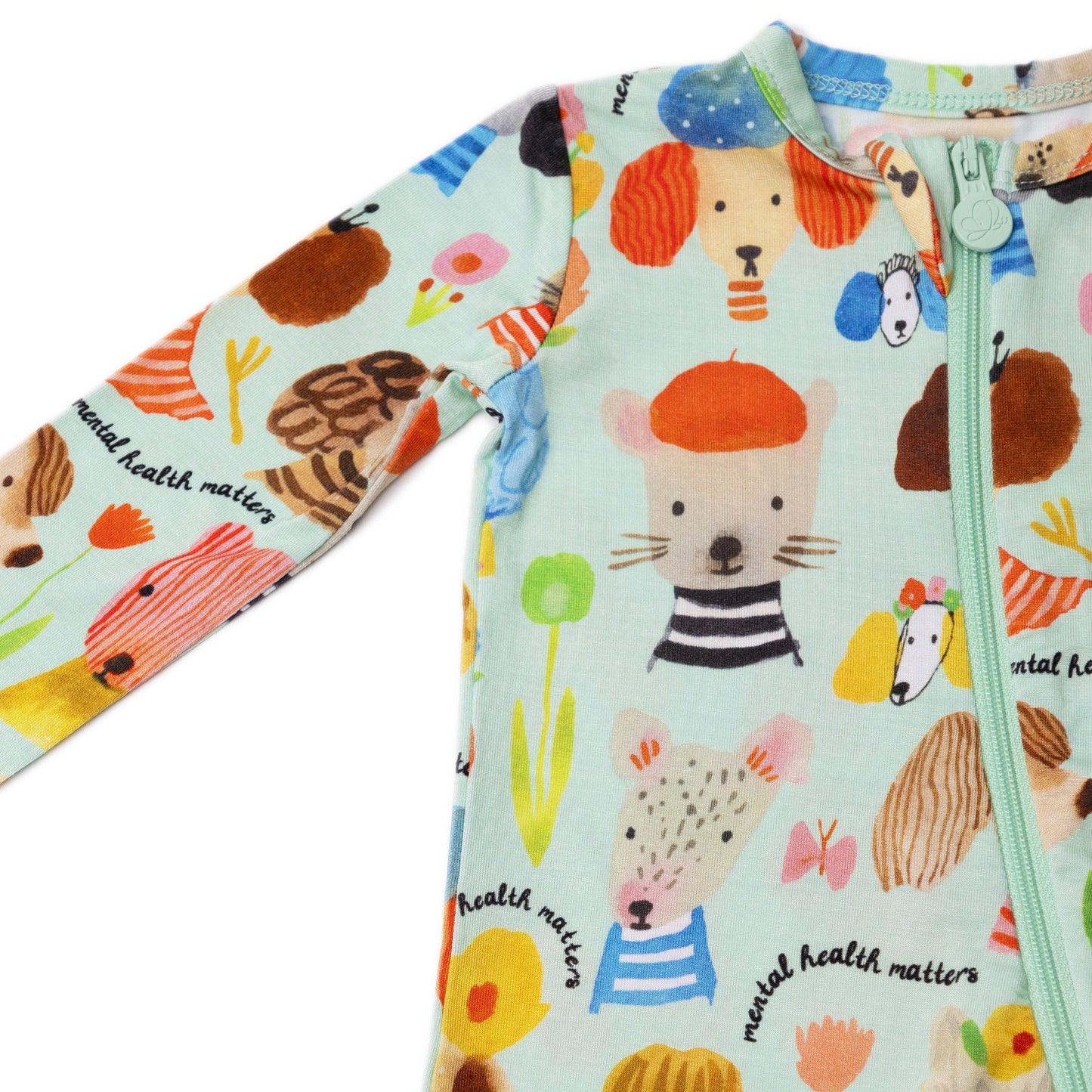 Mindful Doggos | Bamboo Footless Onesie Romper | "Mental Health Matters" | Thermo-Regulating, Double Zipper, 4-Way Stretch