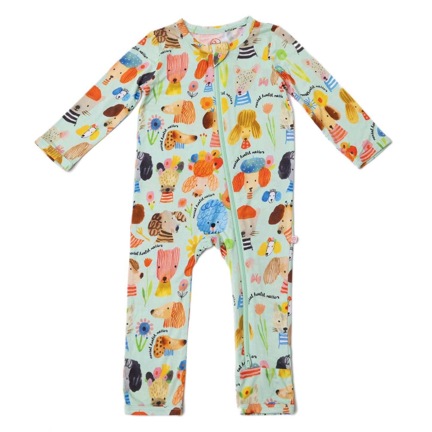 Mindful Doggos | Bamboo Footless Onesie Romper | "Mental Health Matters" | Thermo-Regulating, Double Zipper, 4-Way Stretch