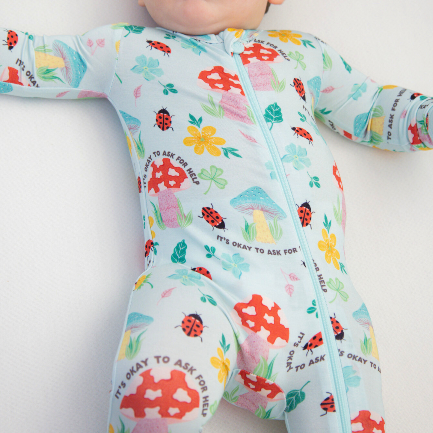 Magic Mushroom | Bamboo Footie Onesie Sleeper | "It's Okay to Ask for Help" | Thermo-Regulating, Double Zipper, 4-Way Stretch