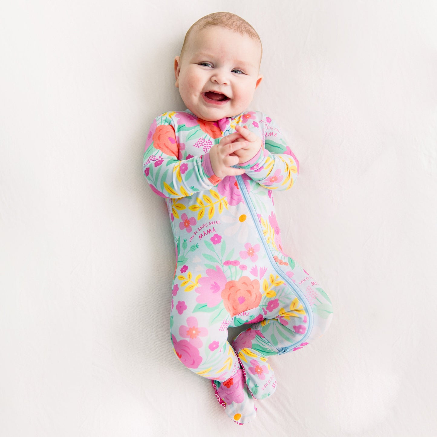 Flower Power | Bamboo Footie Onesie Sleeper | "You're Doing Great Mama" | Thermo-Regulating, Double Zipper, 4-Way Stretch