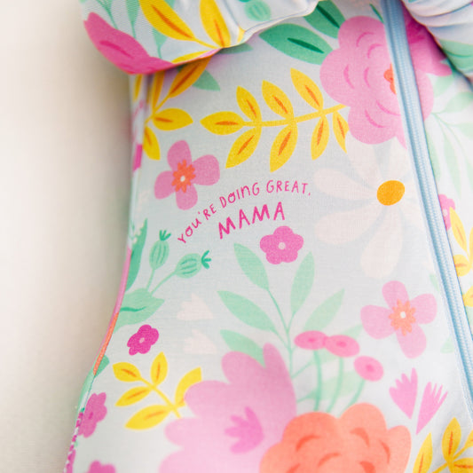 Flower Power | Bamboo Footie Onesie Sleeper | "You're Doing Great Mama" | Thermo-Regulating, Double Zipper, 4-Way Stretch