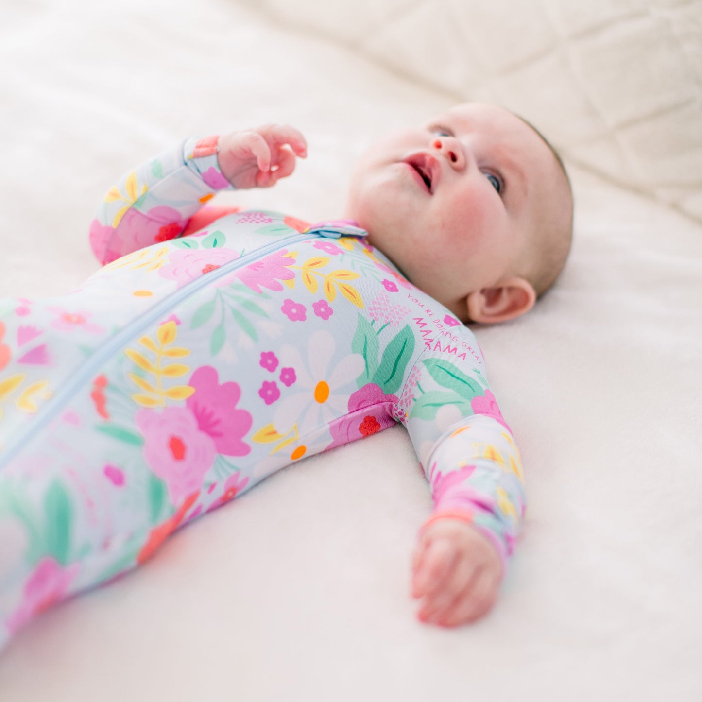 Flower Power | Bamboo Footie Onesie Sleeper | "You're Doing Great Mama" | Thermo-Regulating, Double Zipper, 4-Way Stretch