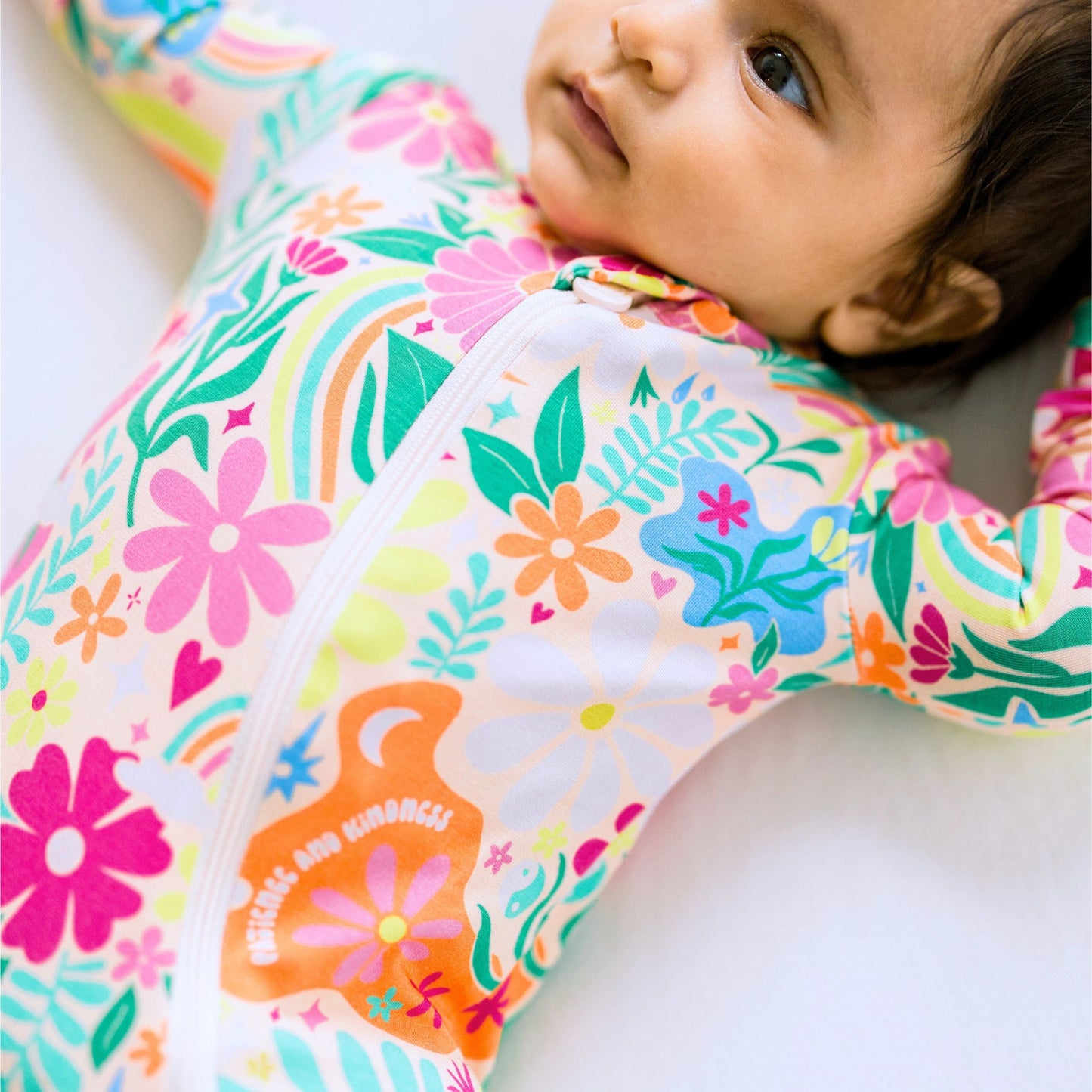 Rainbow Daisy Babe | Bamboo Footie Onesie Sleeper | "Patience & Kindness" | Thermo-Regulating, Double Zipper, 4-Way Stretch