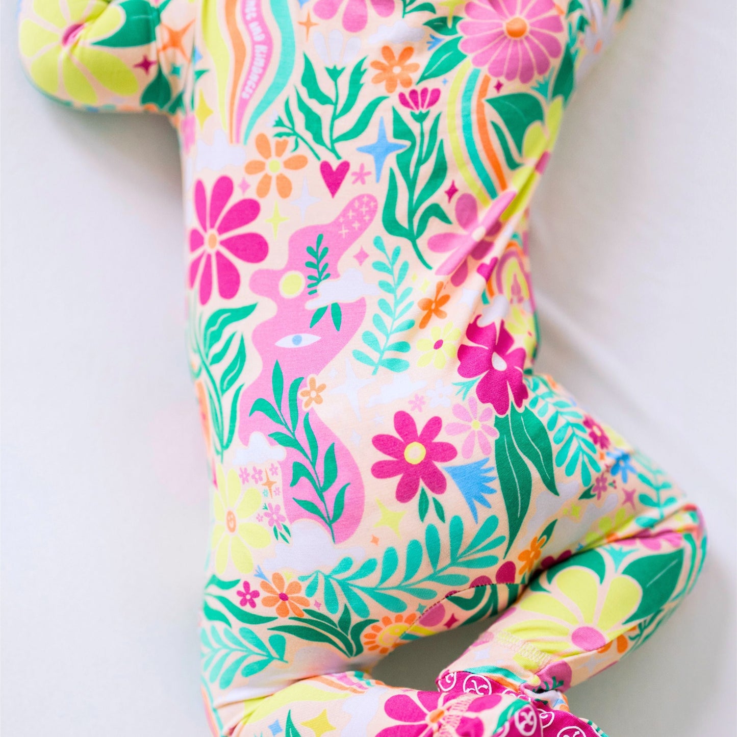 Rainbow Daisy Babe | Bamboo Footie Onesie Sleeper | "Patience & Kindness" | Thermo-Regulating, Double Zipper, 4-Way Stretch