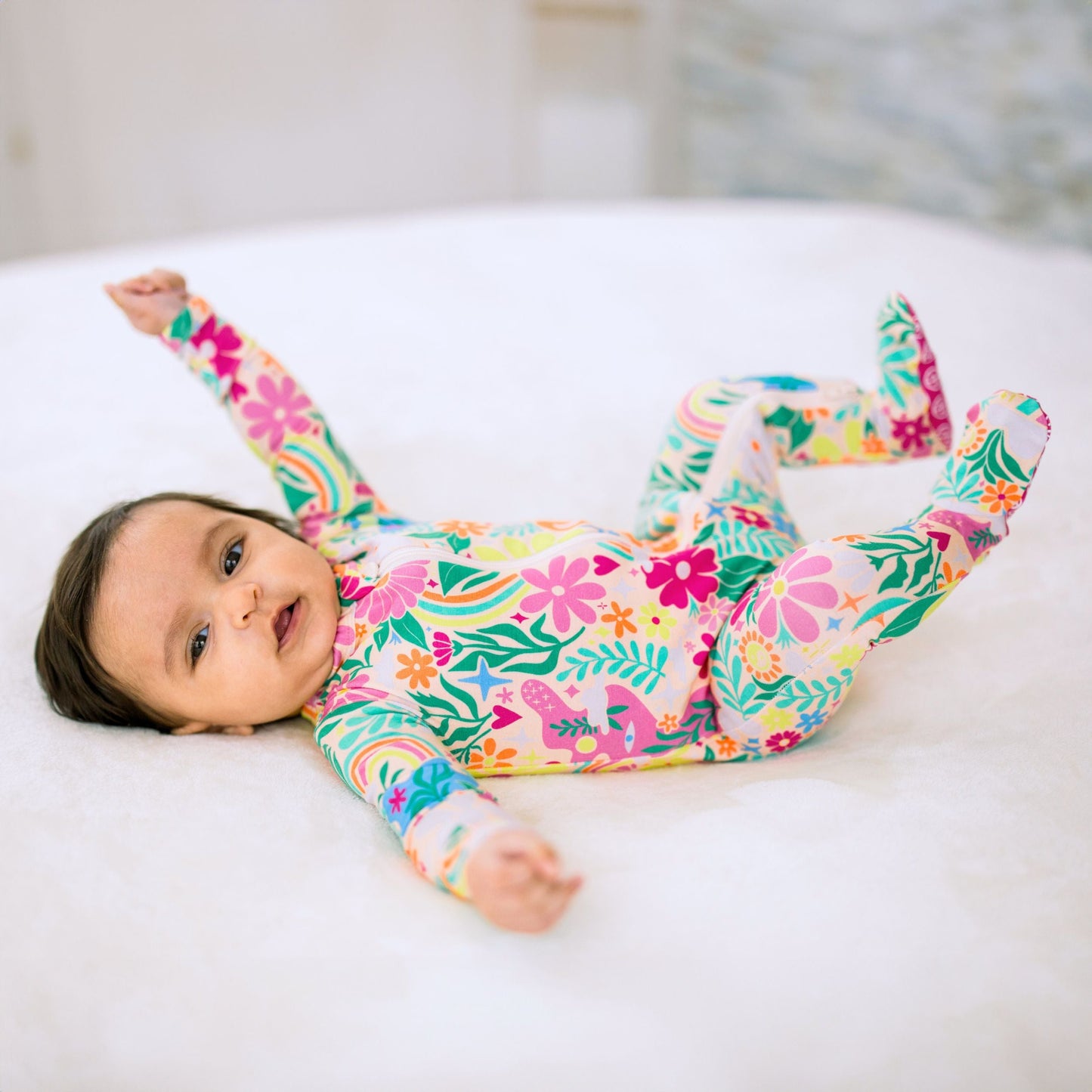 Rainbow Daisy Babe | Bamboo Footie Onesie Sleeper | "Patience & Kindness" | Thermo-Regulating, Double Zipper, 4-Way Stretch