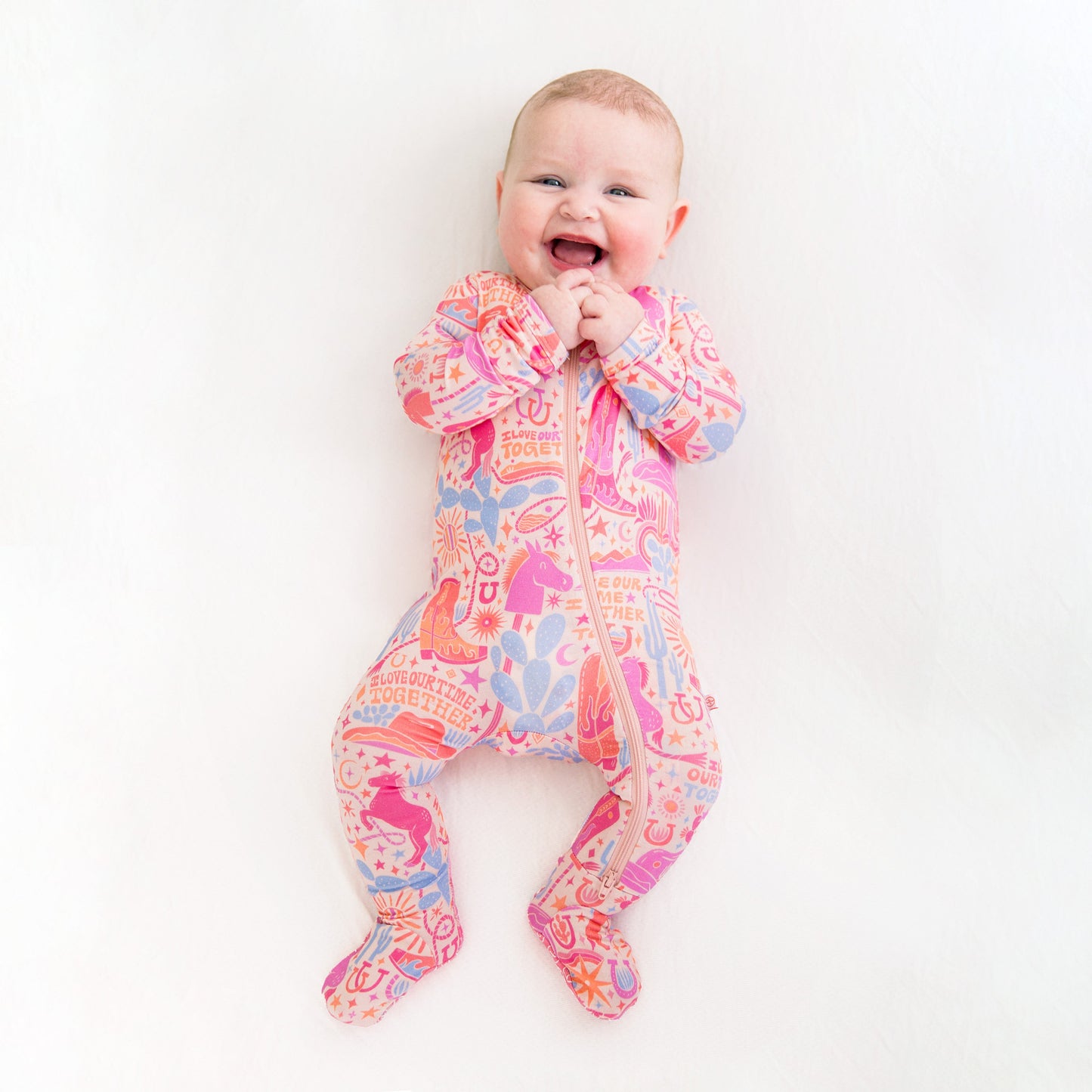 Saddle Up | Bamboo Footie Onesie Sleeper | "I Love Our Time Together" | Thermo-Regulating, Double Zipper, 4-Way Stretch